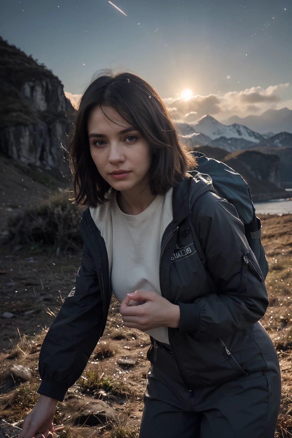 (top quality, 8 K, masterpiece: 1.5)), woman (1, 19 years, smile, Very detailed facial texture, skin and hair, detailed blue eyes, Double eyelids, White skin, Beautiful delicate nose, light hair color, slightly longer bob haircut, parka to wear, chinos, mountain boots worn), Upper Chamber, Sharp Focus: 1.2, while highlighting the subject's hair, eyes, mouth, the action Composition is pleasing to the eye and thought-provoking. The earth, Open, (night), mountain, nature, (stars, moon) funny, wind, happy, backpack, tent, bonfire, the forest, River, smoke, Shadow, contrast, clear sky, style, (warm hues, warm colors), pleasing to the eye, exuding melancholic emotions, characterized by a contrasting mix of calm tones and light and Shadow, with dynamic angles, This is a composition, Thought-provoking.