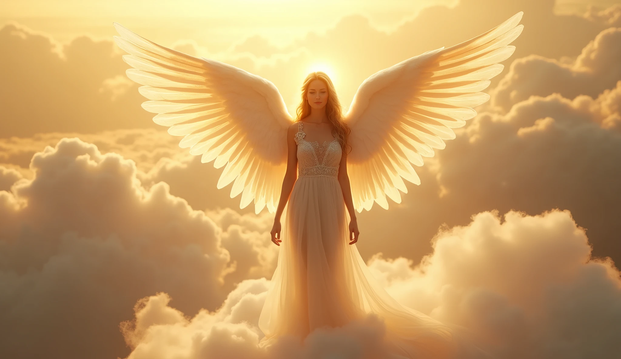 Guardian of Light: A captivating angel standing at the edge of a golden cloud, her wings outstretched as she overlooks the earthly realm below. Dressed in a luminous, sheer gown that clings to her form, she radiates an aura of purity and protection. Her serene expression and soft glow create a peaceful atmosphere, perfect for meditation and relaxation.