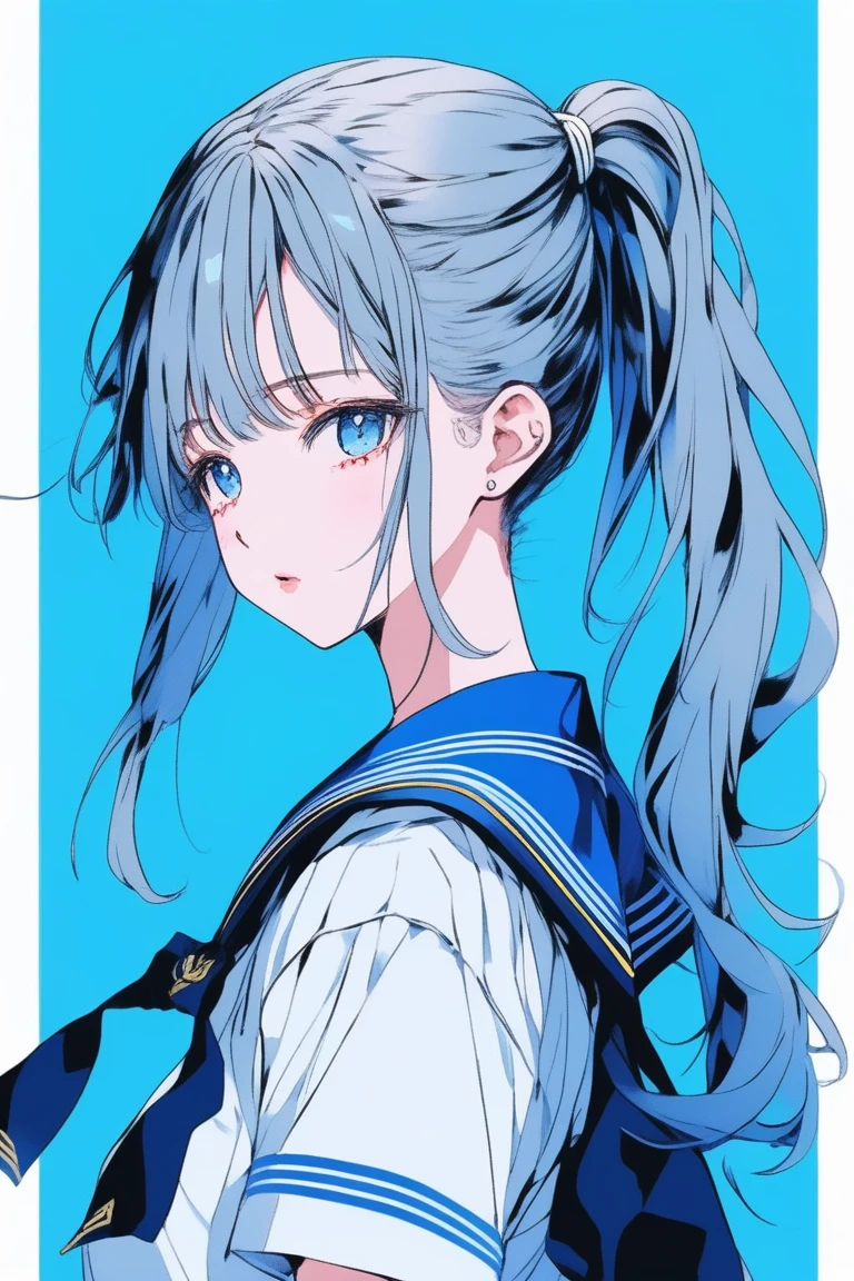 ((masterpiece,Highest quality)), 8k, anime , Realistic ,sketch, anime風のポートレート, animeの女性, 18-year-old, Blue gradient background, High school girl sailor uniform without hat, Neon ponytail hair, lip, Big Breasts, Texture Trim, Japanese, Upper Body, (masterpiece,Highest quality)