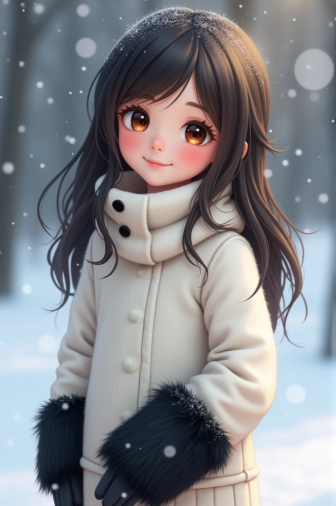 Girl, White sweater,black fur, Brown eyes