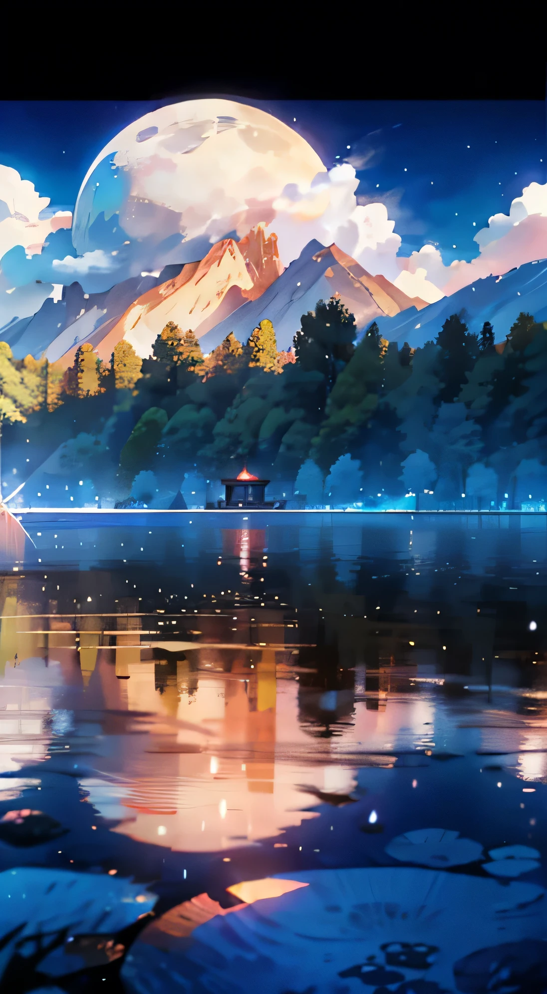 moon、summer, White Cloud, track: 1.2, Tree, meteor, Small Waterhole, reflection, cool, Sunlight, Wide Angle, best quality, 8K, view, Depth of Field, high resolution, Fine details, Ultra Detailed, Clear focus