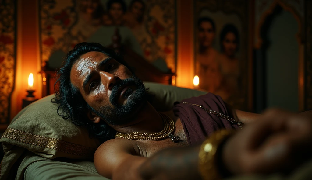 **Prompt:** "A close-up of King Dasharath’s distressed face, lying on his bed with beads of sweat on his forehead, as he vividly recalls the curse given by Shravan Kumar’s blind parents. The room is dimly lit, with flickering oil lamps casting long shadows, creating a haunting atmosphere. In the background, faint visions of the curse-givers can be seen, their faces etched with sorrow and anger."