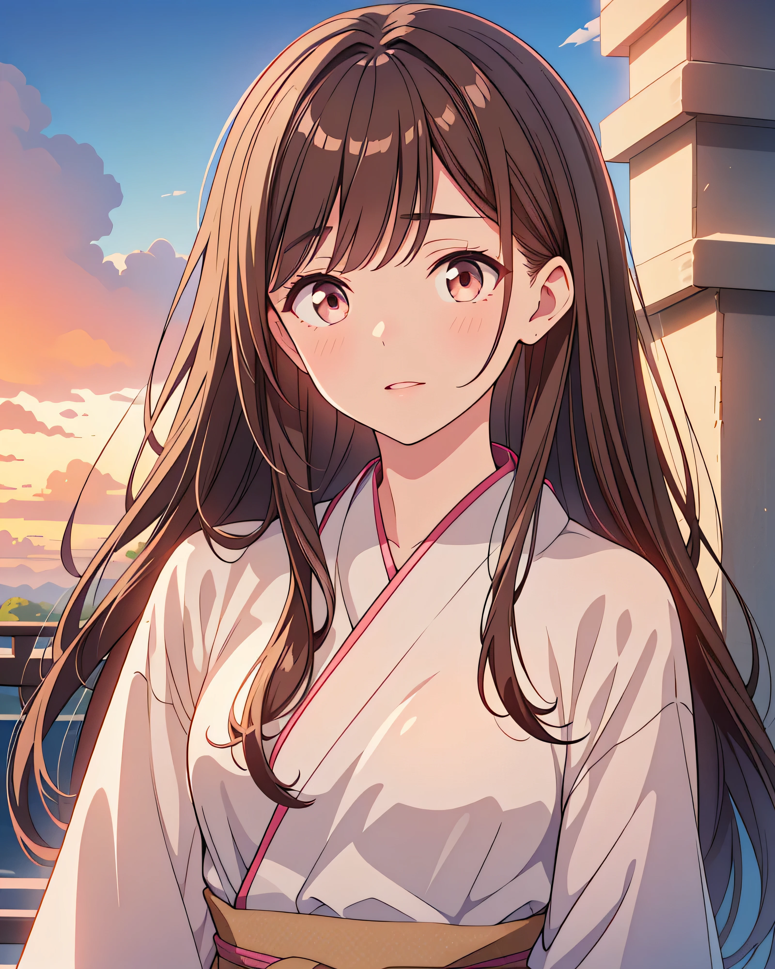 Highest quality, 32K, High resolution, Masterpiece:1.5, Beautiful Japan, Small Face Beauty, An exceptionally beautiful face, Perfect Human Anatomy, Magical big eyes, Rich emotional expression, Distant Gaze, ((Shiny brown hair:1.1)), ((Super Long Straight Silk Hair)), Asymmetrical bangs, Hair between the eyes, Transparent, soft white skin, Sharp eyebrows, Thin lashes, Natural Makeup, Cheek highlighter, Pale pink detailed lips, Casual Fashion, Beautiful details of light, Beautiful detailed shadows, ((Beautifully detailed clouds)), road, Skyscraper, Dynamic Angle, sunset