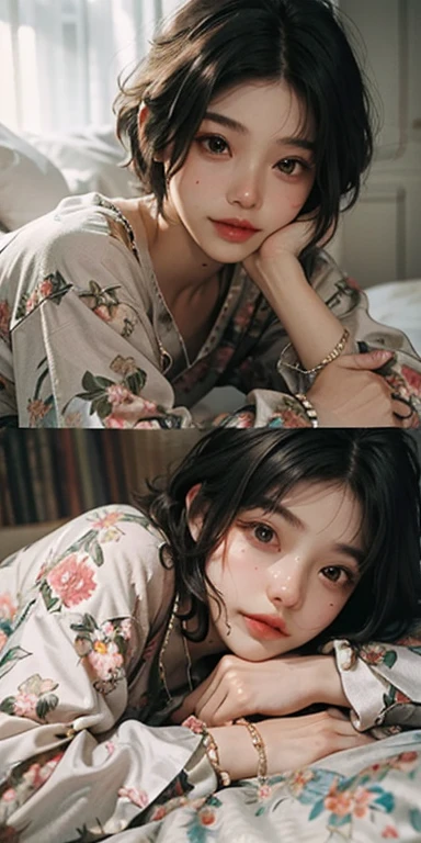 Lying on the bed face down、Cute looking at you, 22 years old, Realistic, She wears a short, She is wearing floral pajamas, short hair.Shoulder Bare