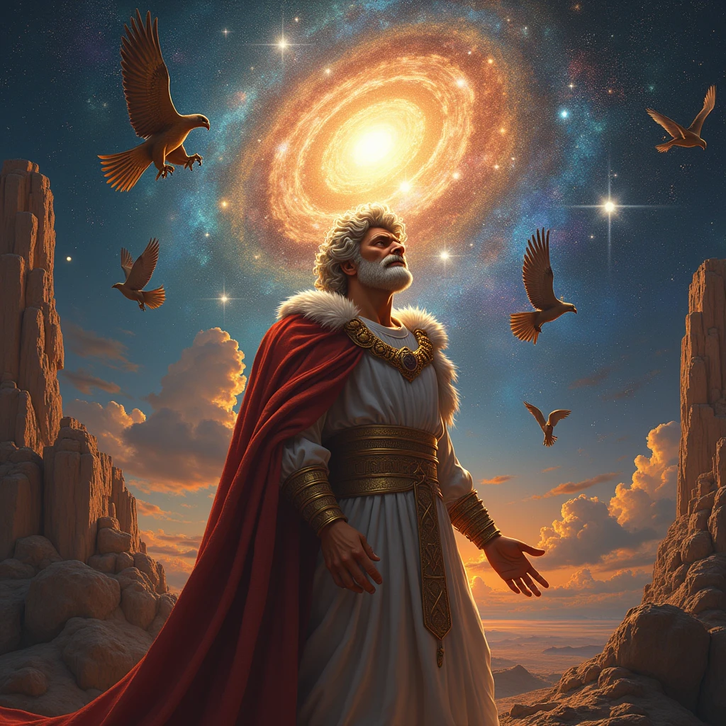 ((masterpiece)), ((Highest quality)), ((High resolution)), ((Highly detailed CG Unity 8k wallpaper)), Roman Emperor Constantine１The Great Emperor、Fluffy hair、Bright and sharp eyes、eyes like a lion、Leisurely Actions、Calm and Composed Expression、Aura of Majesty、neck as thick as a bull、Eagles and Hawks Are Fond of Him、Tarot Cards、Oracle Cards、『world』、In the Style of William Blake、Gustave Moreau's Painting Style、Ancient and Modern、輝く未来とhope、The Universe、Dazzling Light at the Galactic Center、Sagittarius Galactic Center、Flood of light、The colorful sparkle of gemstones、Lu Li Guangcai、Play-of-color effects、Paradise、Eden、Heavenly Jerusalem、Nostalgia、hope、永遠のhappiness、Genesis、Revelation、Alpha and omega、Healing、Longing and fulfillment、Everything is for the best、bless、Heavenly Purification、Bliss of All Things、happiness、Eternal Life、completely、perfection、Forgiveness、occultism、Symbolism、Primordial Happiness、peace of mind、reproduction、revival、魂のHealing、God's Plan、天使のbless、peace、joy、lotus、lily、Rose、Money、黄Money、The Edge of the Universe、The magnificent light of celestial bodies、Fantasy、like、Beauty、Digital Art、kind、慈like、mercy、wisdom、vitality、 Tree of Life、Tanaha、Christian Bible、revelation、Eternal happiness、万物への平和とhappinessと保護を祈る、大切で貴重なpeaceと元気と賢さ、pure land、