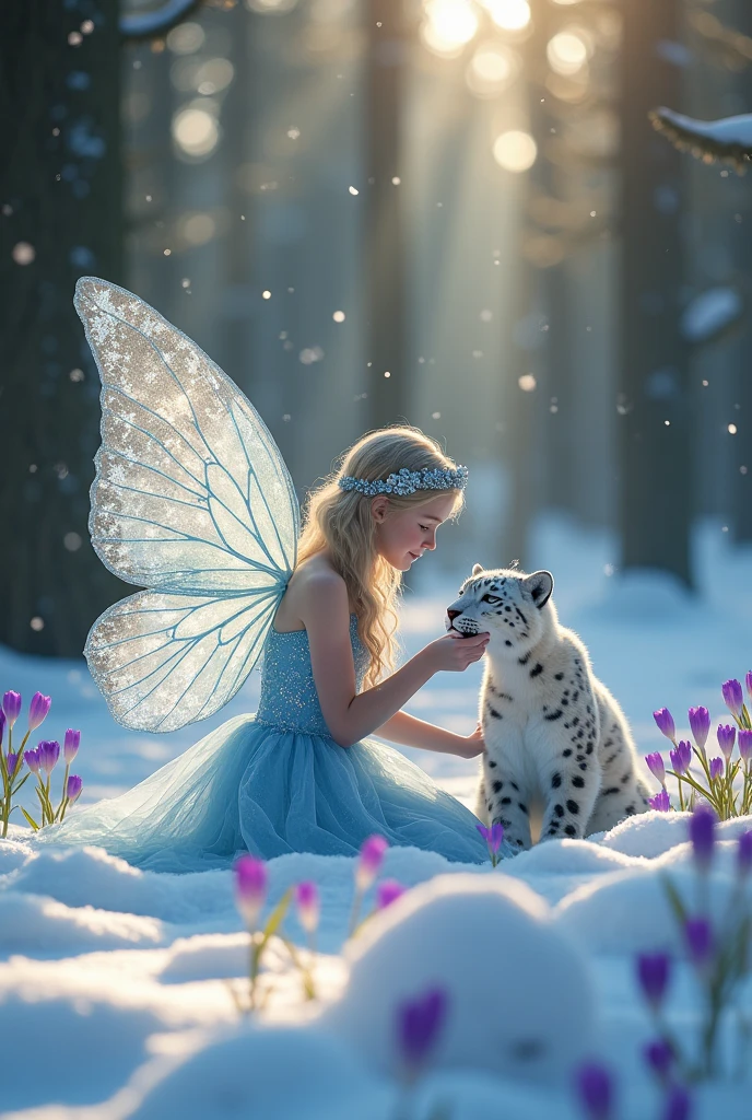 Create a highly realistic and enchanting scene featuring a young female snow fairy, approximately 18 years old. She is adorned in a light blue frosted dress that shimmers with delicate frost patterns. Her wings are intricate, semi-transparent, and glisten with an ethereal glow, suggesting both fragility and elegance. The fairy is kneeling gracefully in a blanket of pristine snow, gently feeding a white snow leopard with a serene and nurturing demeanor.
The snow leopard, with its sleek white fur and curious eyes, nuzzles up to the fairy’s outstretched hand, creating a heartwarming interaction between the two. Scattered around them, delicate purple crocus flowers are just beginning to emerge from beneath the snow, their vibrant colors offering a stark yet beautiful contrast to the wintry landscape.
The clearing they are in is surrounded by tall evergreen pines, their dark green needles forming a rich backdrop against the snow. The warm morning sunlight filters through the canopy, casting soft, golden rays into the clearing. The light reflects off a few lingering snowflakes suspended in the air, creating a sparkling, magical atmosphere. The sunlight also filters through the fairy’s wings, highlighting their intricate patterns and enhancing their semi-transparent, iridescent quality.
The scene is a harmonious blend of warmth and cold, with the gentle light of morning infusing the snowy landscape with a sense of tranquility and magic. The contrast of the warm sunlight against the cool snow and the delicate colors of the crocus flowers adds depth and vibrancy to the scene, making it a breathtaking and captivating masterpiece.