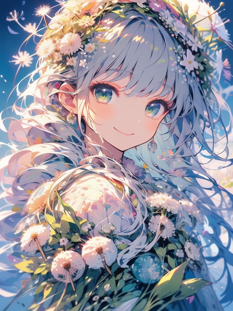 Masterpiece、Highest quality、The best composition、smile、Anime、Gray Hair、Green Eyes、かわいいAnime、smile、((White Dandelion))、flowerwings、Fractal Art、Gwaiz、garden、Flower Field、Soap bubble、Beautiful hair ornaments、Front facing the viewer