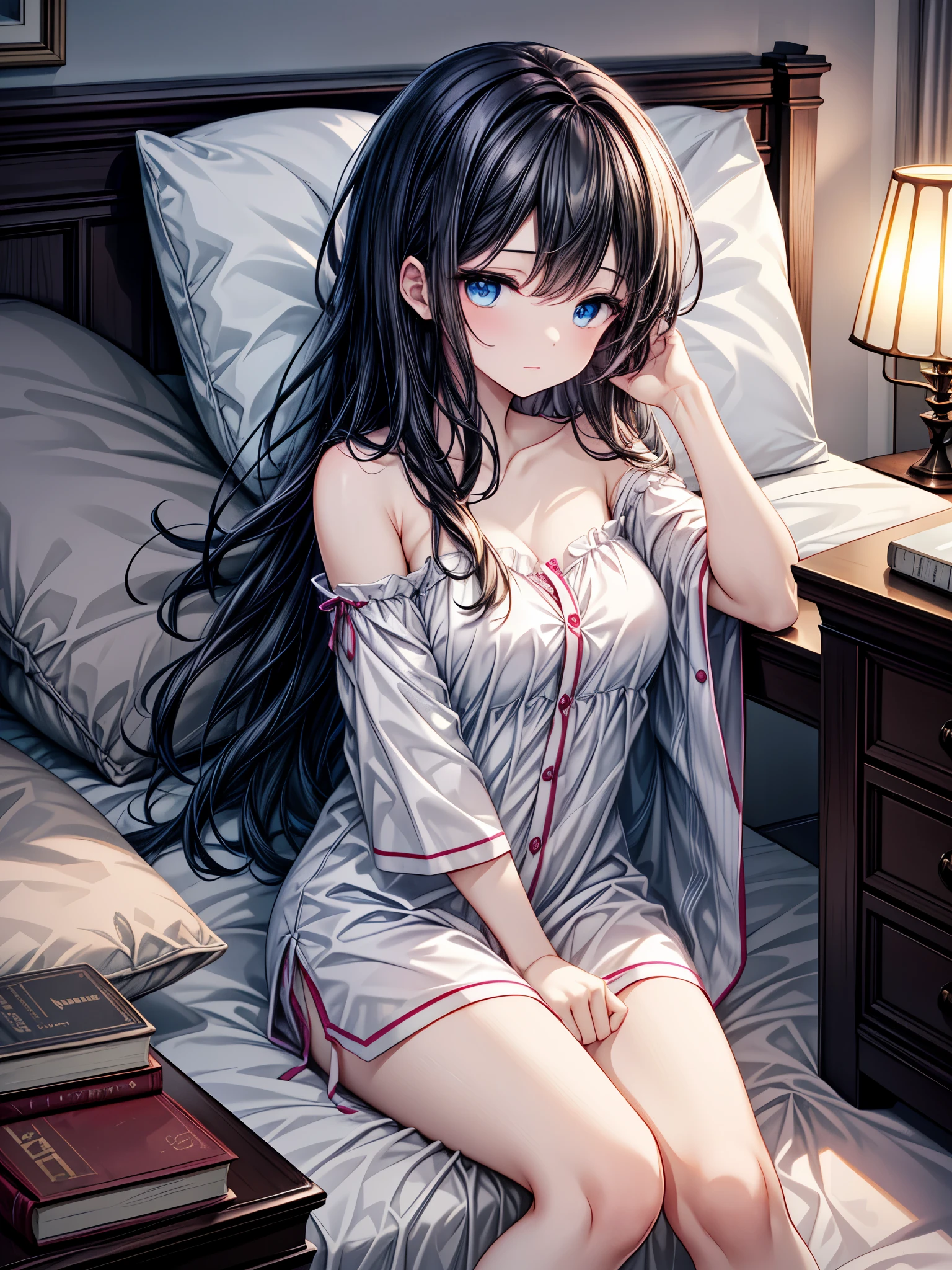 "Create an illustration of a beautiful young girl with long, flowing black hair and striking blue eyes, sleeping in a relaxed and disheveled manner. She is lying on a large, unmade bed with soft, rumpled blankets and pillows scattered around. Her pajamas are loose and slightly twisted from her sleep, revealing one shoulder. Her long hair is spread messily across the pillow, and one of her legs is partially uncovered by the blankets. The room has a cozy yet lived-in feel, with soft lighting and a few personal items like books or a phone on the bedside table. The atmosphere is peaceful but also captures the casual, carefree nature of her sleep."