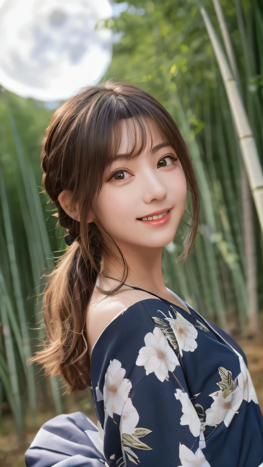 Best image quality (8k, High resolution, masterpiece: 1.2), Very detailed, Random Hairstyles, 26-year-old woman,
Extraordinary beautiful girl、Cute and beautiful face details、(Dealing with the Children_v1:0.008)、
score_9, score_8_upper, score_7_upper,
Moonlit scene in a bamboo forest: In the bamboo forest at night、Looking up at the full moon visible through the bamboo。In silence、The moonlight shines on the bamboo。
clothing: In a black yukata、The golden obi gives it a chic look.。The moonlight reflects off the yukata, creating a fantastic atmosphere.。
Camera angle: Shoot from behind the person looking up.、Capturing the moonlight shining through the bamboo and the night sky。
,Active stop temporarily ,
On her side、The thunder danced。
Focus on the upper waist
, Random cute poses ,Big eyes ,Puffy eyes , Heart pupil, blush , Big shy smile , salute