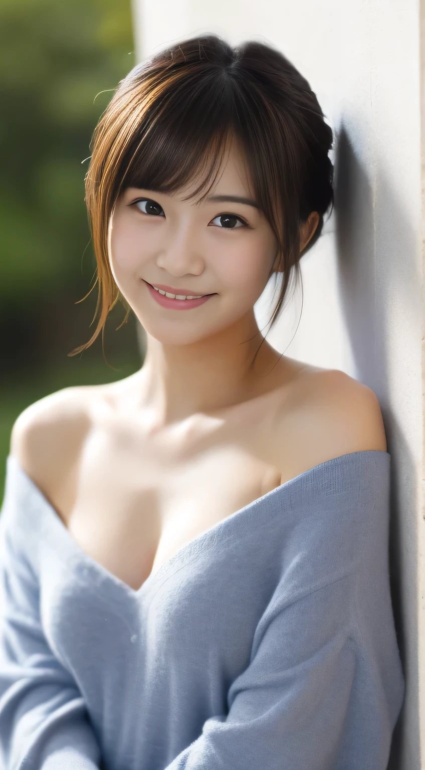 masterpiece,best quality,(Japanese girl),((Beautiful girl)),cleavage,(off shoulder:1.2),(perfect body beauty:1.2),(shy smile),From slightly above