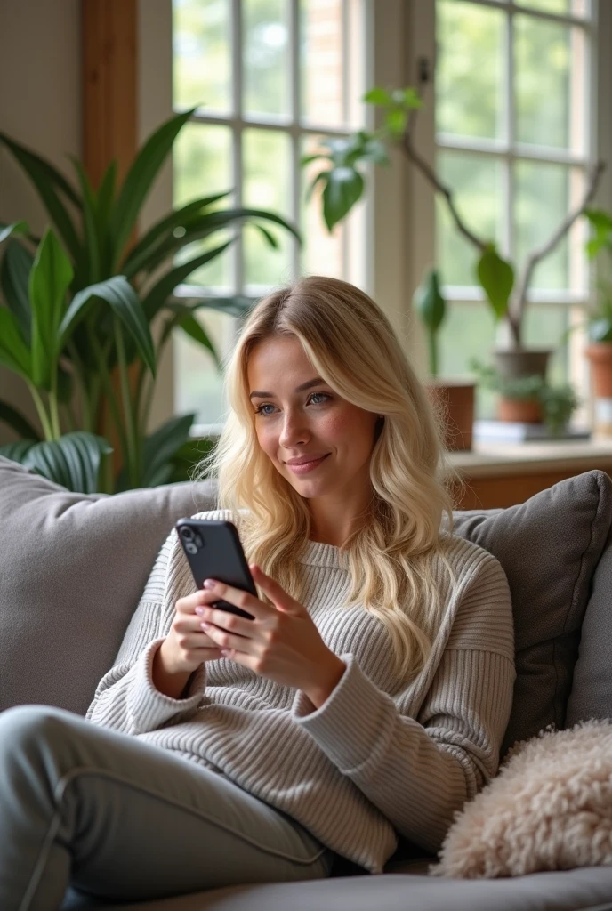 create an influencer,blonde hair,Scandinavian,bright eyeslight need skin,spotty,at home on the sofa