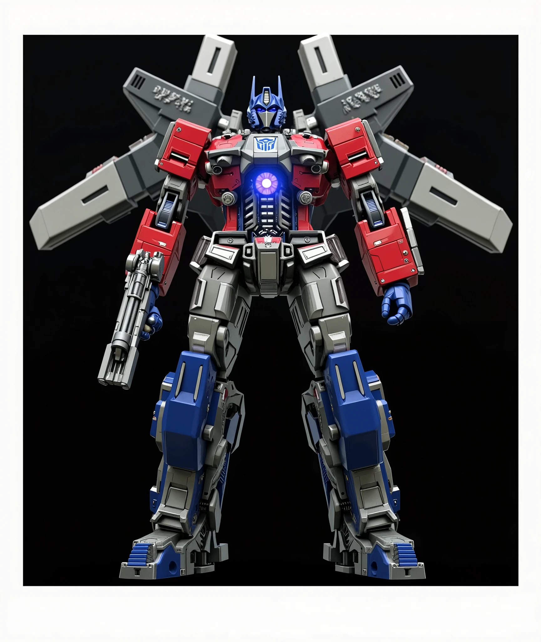 a highly detailed and cinematic 3d render of Optimus Prime, a giant Titan robot, in robot mode, holding a powerful weapon, with Jetfire's core glowing blue, intricate and realistic mechanical details, dramatic lighting, cinematic angles, hyperrealistic, 8k