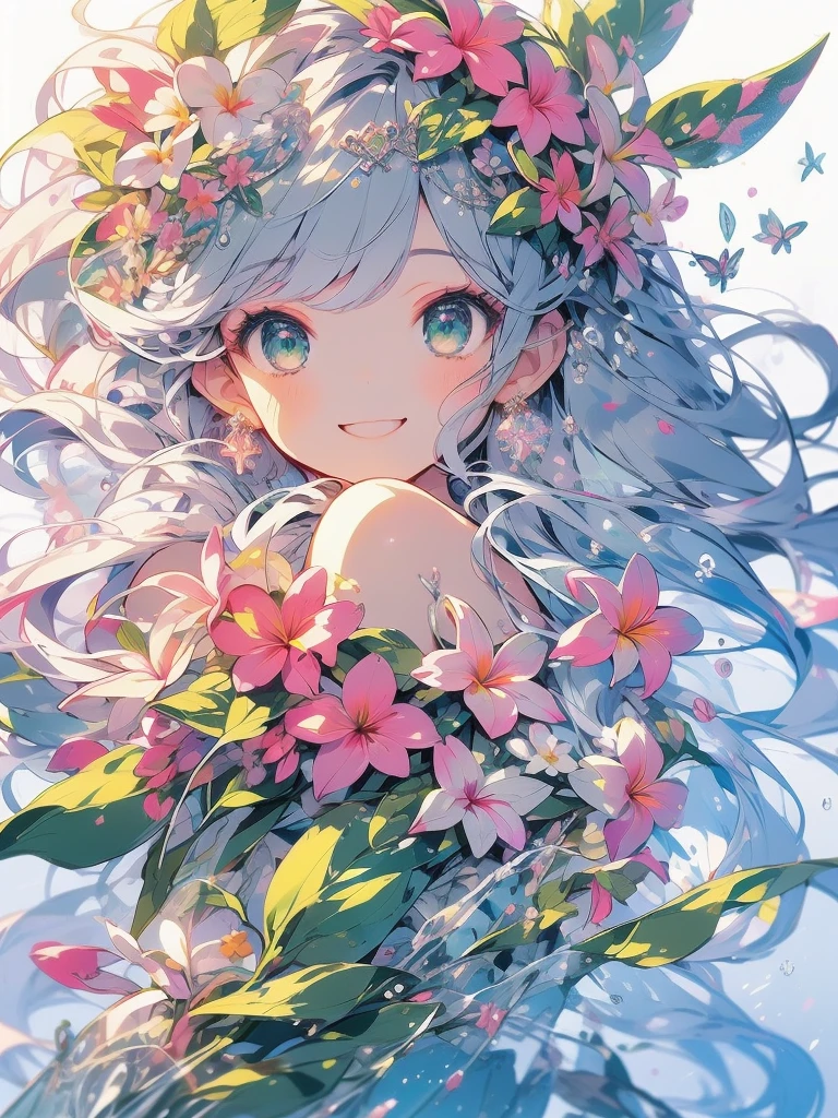 Masterpiece、Highest quality、The best composition、smile、Anime、Gray Hair、Green Eyes、かわいいAnime、smile、((White Plumeria))、flowerwings、Fractal Art、Gwaiz、garden、Flower Field、Soap bubble、Beautiful hair ornaments、Front facing the viewer