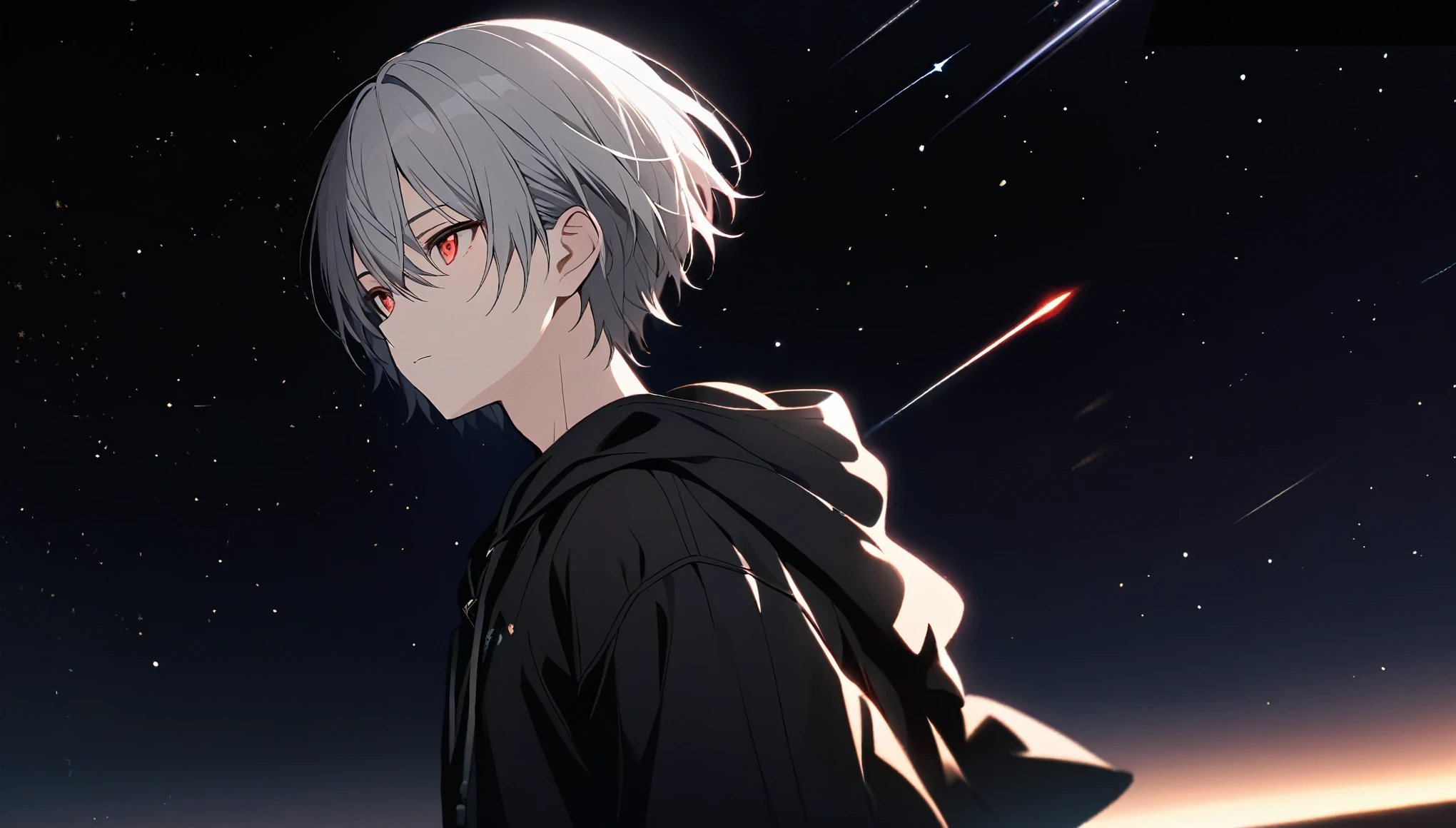 good looking, alone, 1 male, Gray Hair, Red eyes, Black Shirt, Black and white hooded, night, Black light,cute目,Short hairstyle,cute,Falling from the sky,綺麗なnight空,Many Stars,shooting star