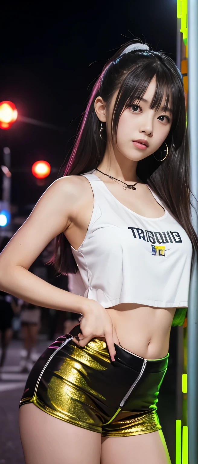 Gorgeous idol girl、whole body、Good style、、、、、、、、、、Thick legs、、Fluorescent yellow and silver cyberpunk shorts costume(Tank top)、、Cool girl face、、Glowing Night Chinatown、