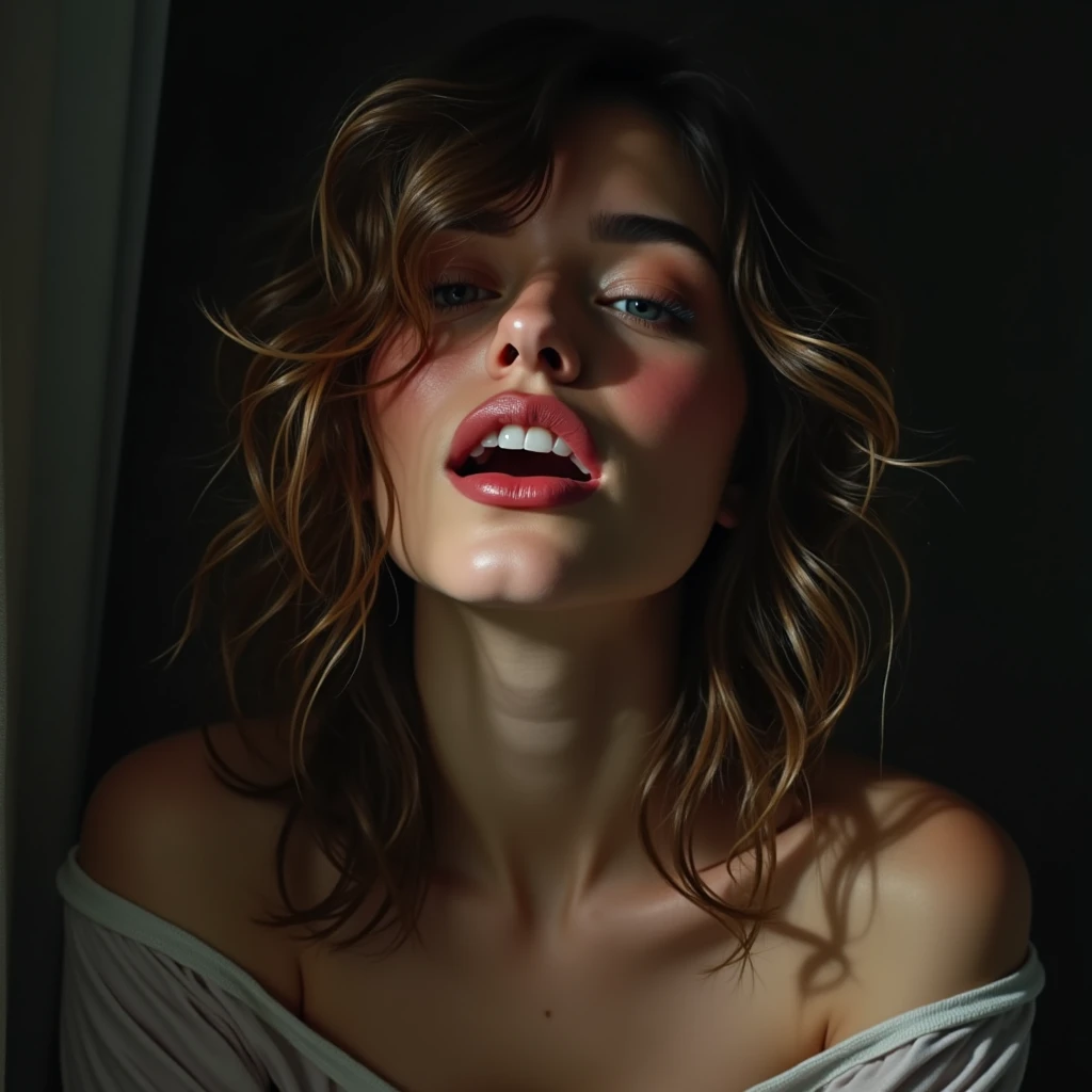 a beautiful young woman in the throes of ecstasy, detailed facial features, intense expression, messy hair, flushed skin, sensual pose, chiaroscuro lighting, dramatic shadows, cinematic composition, muted color palette, oil painting style, masterpiece, photorealistic, ultra-detailed
