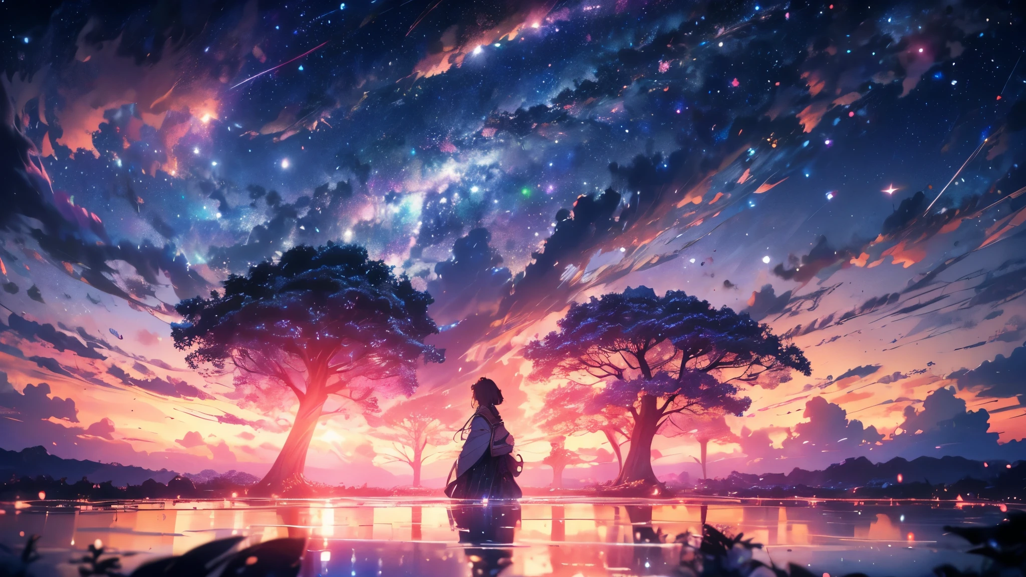 An ultra wide angle display of a mystical sunset scene showing a starry night filled with clouds and a large galaxy spinning, there is a reflection of a sakura tree in the sea in the center, illuminated by fireflies, an epic moment of quiet contemplation and understanding of the meaning of your journey. Highly detailed, UHD anime wallpaper, digital animation, epic.