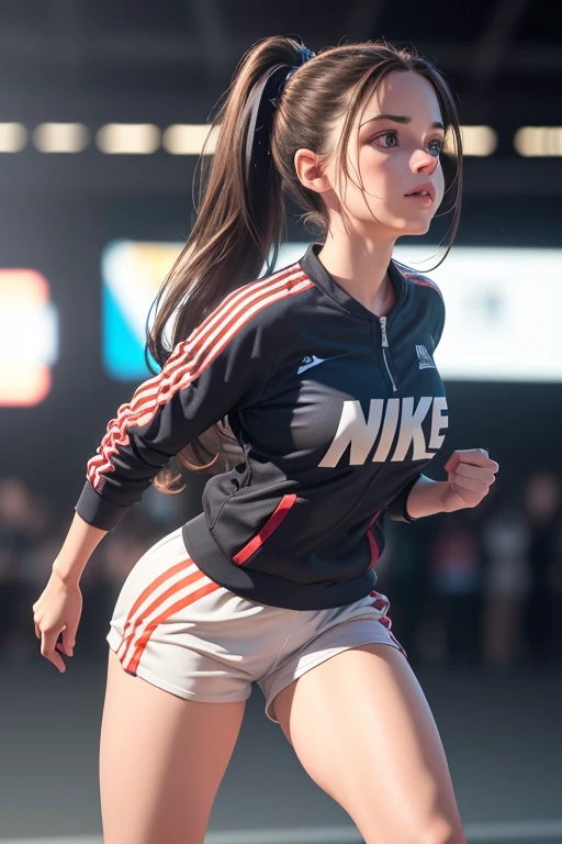 1 girl, beautiful young woman, long dark hair, twin ponytails, light gray sweatsuit, wearing Nike sneakers, standing on the university sports court, looking at the viewer, sweet expression, athletics court, (best quality, 4k, 8k, highres, masterpiece:1.2), ultra-detailed, (realistic, photorealistic, photo-realistic:1.37), perfect anatomy, precise, hyper-realistic, intricate details, vivid colors, cinematic lighting, volumetric lighting, depth of field, photorealistic rendering