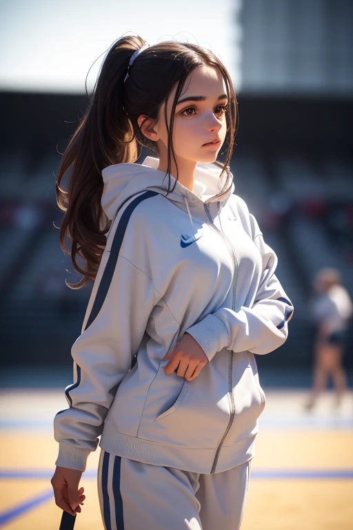 1 girl, beautiful young woman, long dark hair, twin ponytails, light gray sweatsuit, wearing Nike sneakers, standing on the university sports court, looking at the viewer, sweet expression, athletics court, (best quality, 4k, 8k, highres, masterpiece:1.2), ultra-detailed, (realistic, photorealistic, photo-realistic:1.37), perfect anatomy, precise, hyper-realistic, intricate details, vivid colors, cinematic lighting, volumetric lighting, depth of field, photorealistic rendering