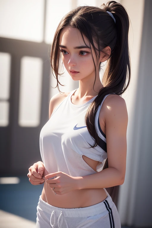 1 girl, beautiful young woman, long dark hair, twin ponytails, light gray sweatsuit, wearing Nike sneakers, standing on the university sports court, looking at the viewer, sweet expression, athletics court, (best quality, 4k, 8k, highres, masterpiece:1.2), ultra-detailed, (realistic, photorealistic, photo-realistic:1.37), perfect anatomy, precise, hyper-realistic, intricate details, vivid colors, cinematic lighting, volumetric lighting, depth of field, photorealistic rendering
