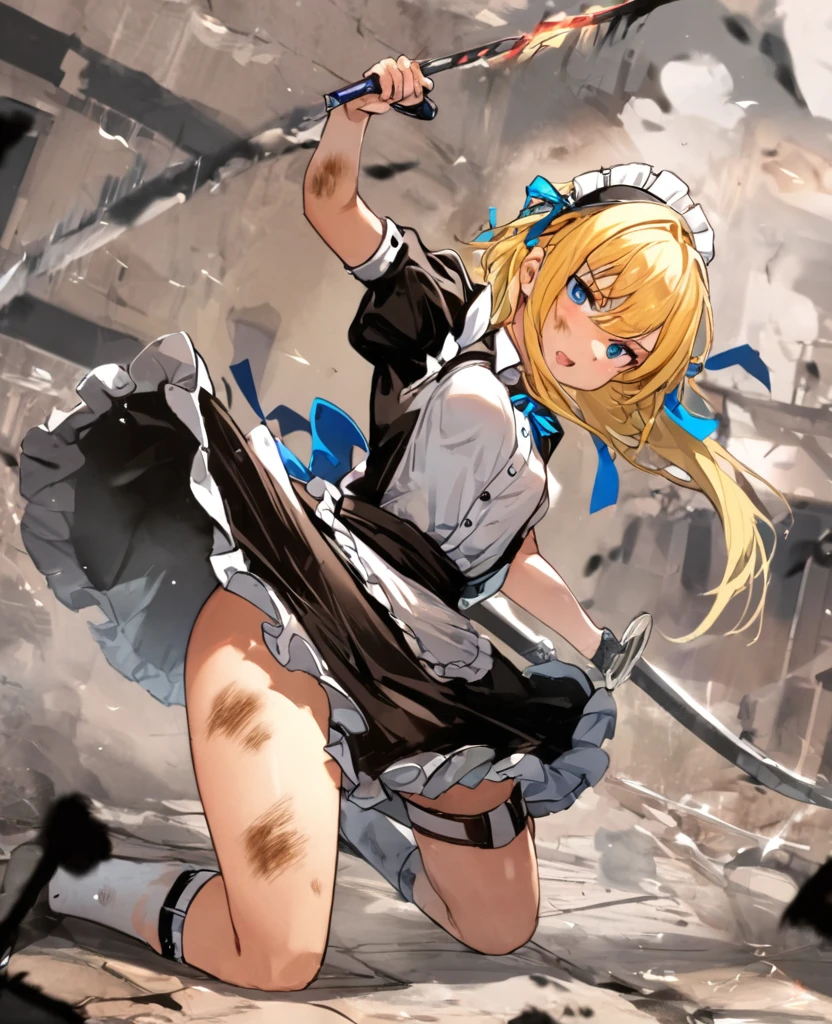 (8k, super high quality, masterpiece), (detailed), One Woman, Small breasts, Blonde, cute, Slightly longer, Blue ribbon, Apron dress, Maid clothes, Brandishing a two-handed sword, Dynamic stance, Burning Battlefield, Castle Defense, My whole body is dirty., Torn clothing, A strong enemy in front of me, Deadly Combat, Intense Combat, Quite dirty,