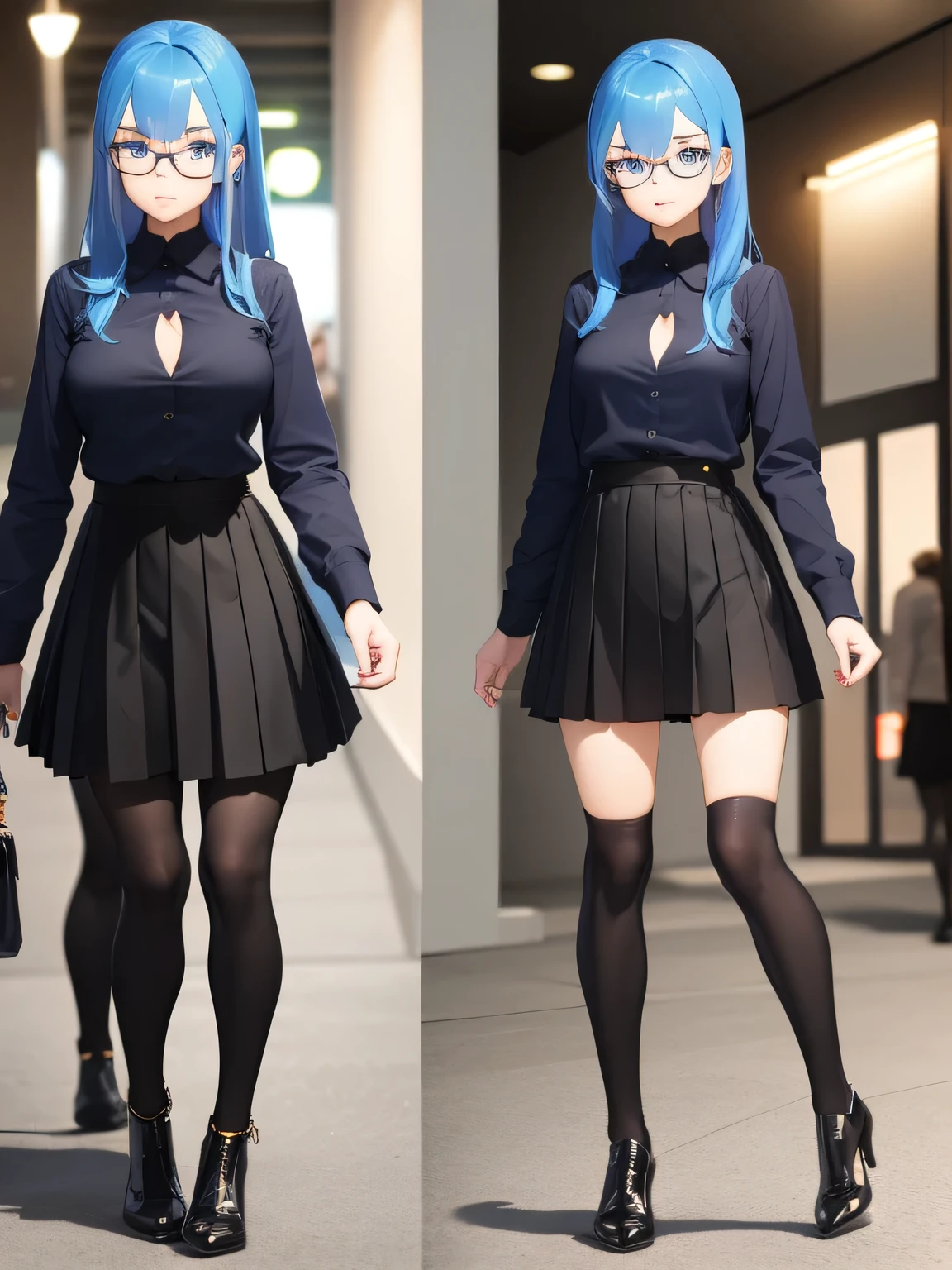 (1girl:1.3), Masterpiece, Best quality, amazing beauty, 4K, absurdres, finely detail, super detailed eye, perfect anatomy, official art, cinematic lighting, BREAK, Shopping mall, Shopping street, silky long hair, colored tips, asymmetrical bangs, blue hair, super shiny detailed blue eyes, tsurime, Looking at Viewer(camera), Staring Intently, thin lips, pink lips, glasses, eyewear, shy, blush, BREAK , big breasts, huge breasts, short stature, slim, slender, wheat skin, arms behind back, standing, BREAK , (Casual shirt:1.2), (over-kneehighs:1.2), (Leggings:1.2), (Pleated skirt:1.2), (high-heels:1.2), (Cleavage is visible:1.2), BREAK,()