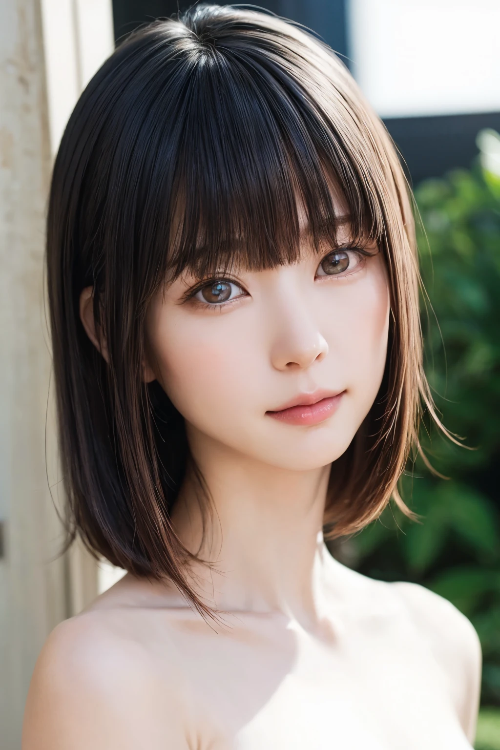 ((masterpiece, Highest quality, High resolution、Realisticですべてが美しく詳細に描かれている)), 1 person, (Realistic: 1.4), alone, White Background, snow-White Background, Mouth closed, smile, smile, Beautiful black hair, short hair, Big eyes, Transparent double eyelids, eyelash, Listen carefully, Long neck, 美しくLong neck, Absolute area, ((Face close-up)), (Draw the whole head, shoulder), 19 years old, Attractive proportions, Glowing Skin, Beautiful clavicle, Golden ratio face, Perfect Face, Teardrop-shaped mole, chestのほくろ, bangs, clean bangs, beautiful bangs, Lip gloss, Thin lips, Fair skin, naked, Big Breasts, {Huge|big|Hugeな|Mega} chest:2, chestの谷間:2,chestの谷間を見せる、Small face, Small face, All the heads are painted, shoulder all drawn, Point slightly above the camera