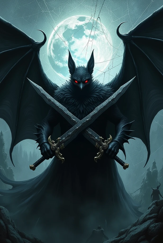 black bat with crossed black swords, high resolution mythological black spider web background