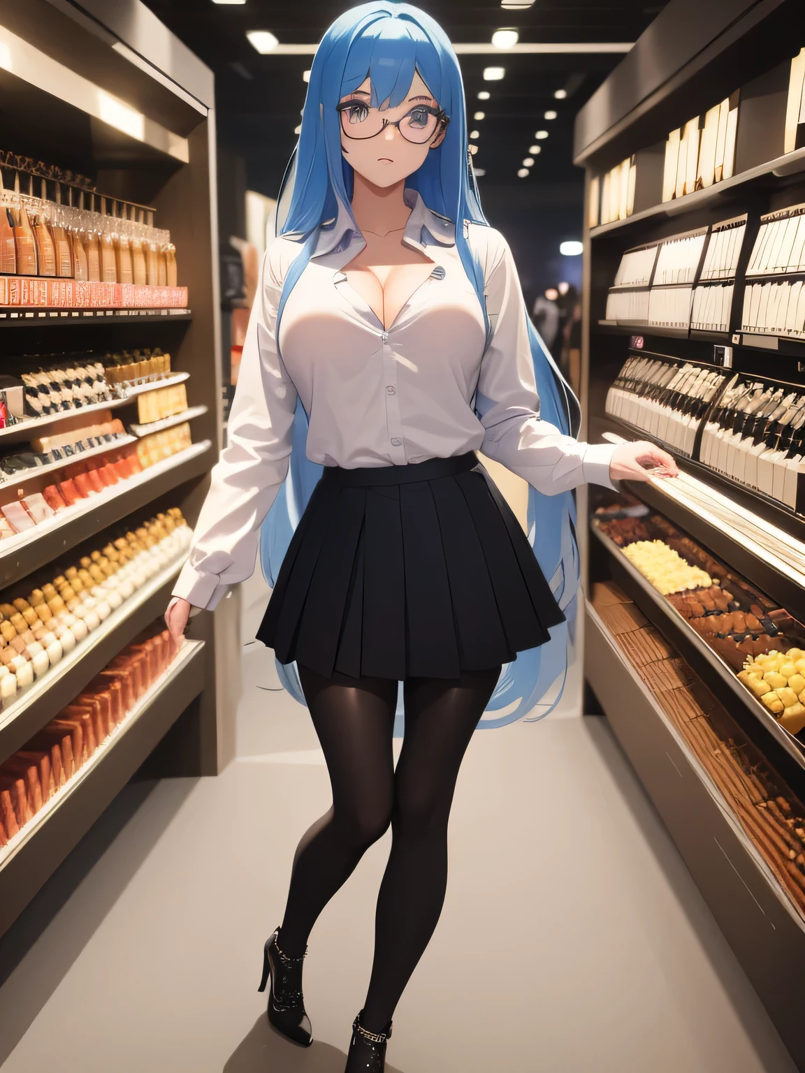 (1girl:1.3), Masterpiece, Best quality, amazing beauty, 4K, absurdres, finely detail, super detailed eye, perfect anatomy, official art, cinematic lighting, BREAK, Shopping mall, Shopping street, silky long hair, colored tips, asymmetrical bangs, blue hair, super shiny detailed blue eyes, tsurime, Looking at Viewer(camera), Staring Intently, thin lips, pink lips, glasses, eyewear, shy, blush, BREAK , big breasts, huge breasts, short stature, slim, slender, wheat skin, arms behind back, standing, BREAK , (Casual shirt:1.2), (over-kneehighs:1.2), (Leggings:1.2), (Pleated skirt:1.2), (high-heels:1.2), (Cleavage is visible:1.2), BREAK,()