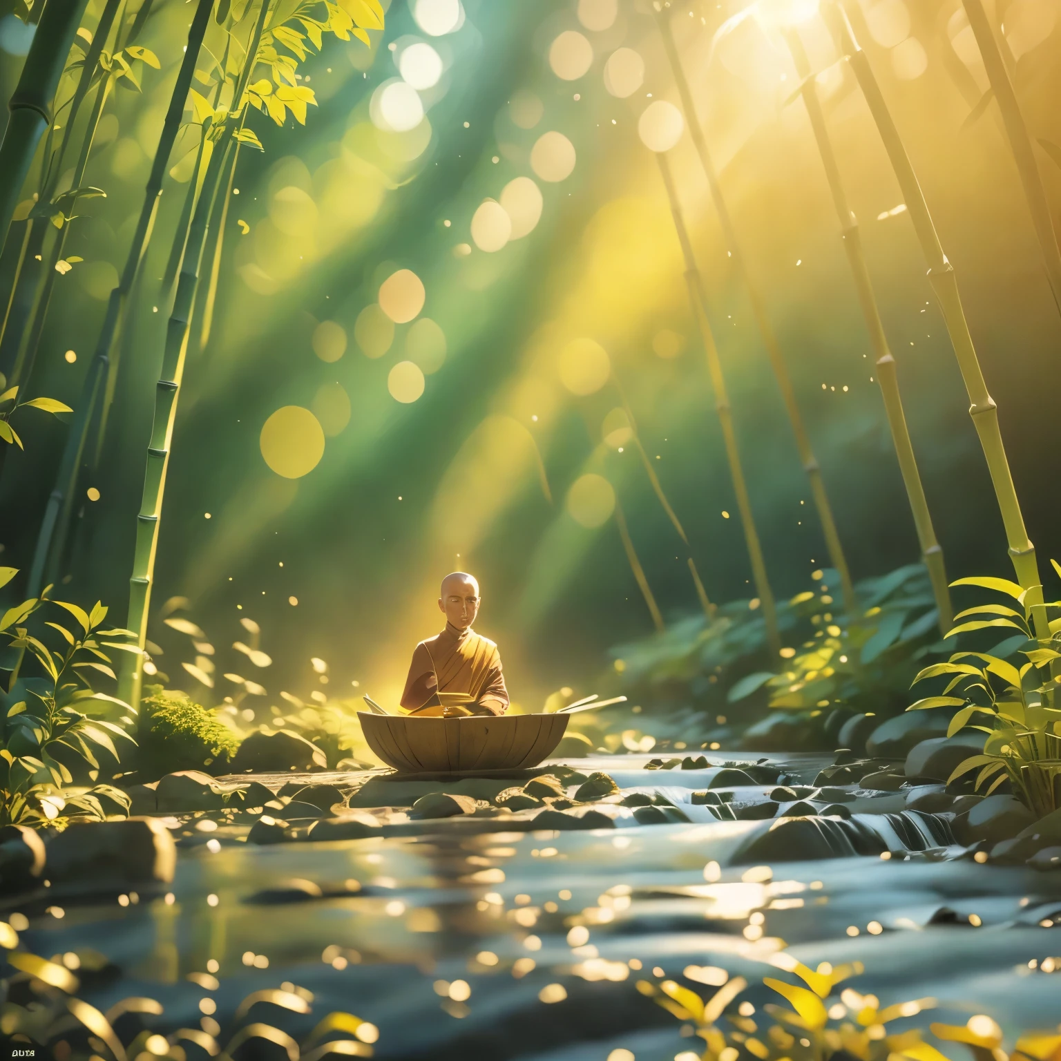 (masterpiece, best quality: 1.2)bamboo forest,river,,sun,monk
