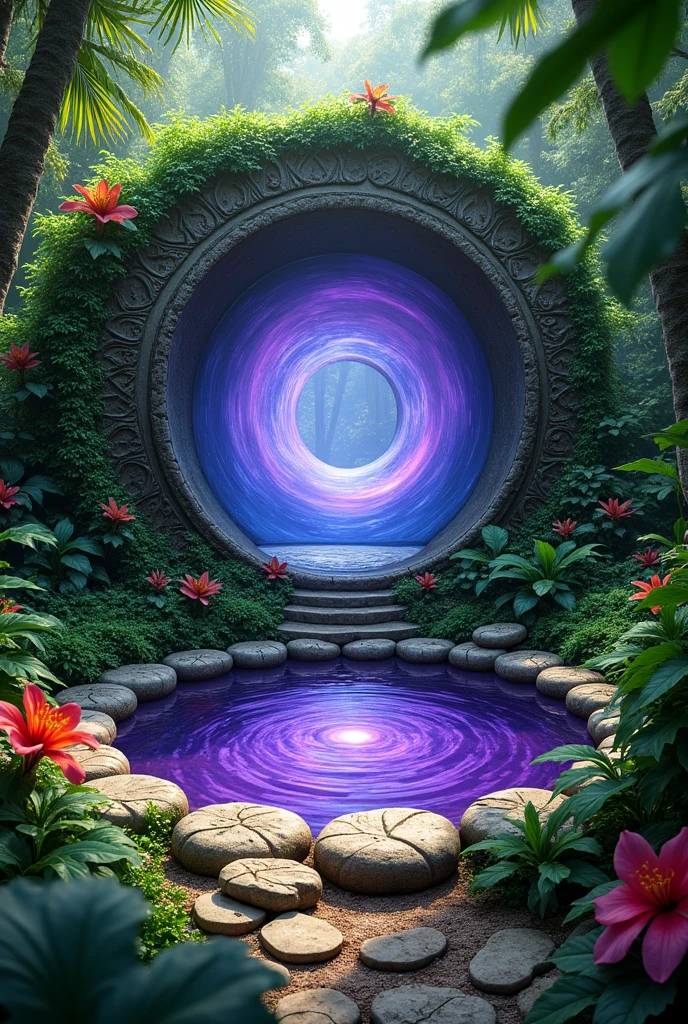 ((JUNGLE ENVIRONMENT)), Circular portal with purple water as transport middle, round stone array border that surrounds purple liquid water