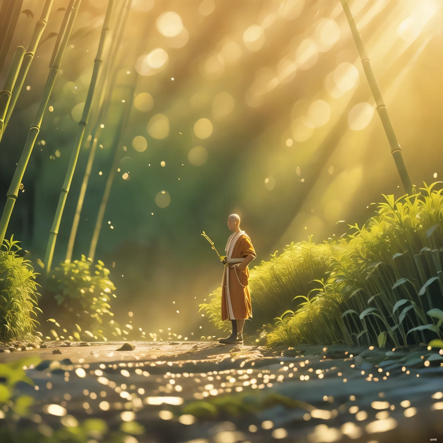 (masterpiece, best quality: 1.2)bamboo forest，river，，sun，monk