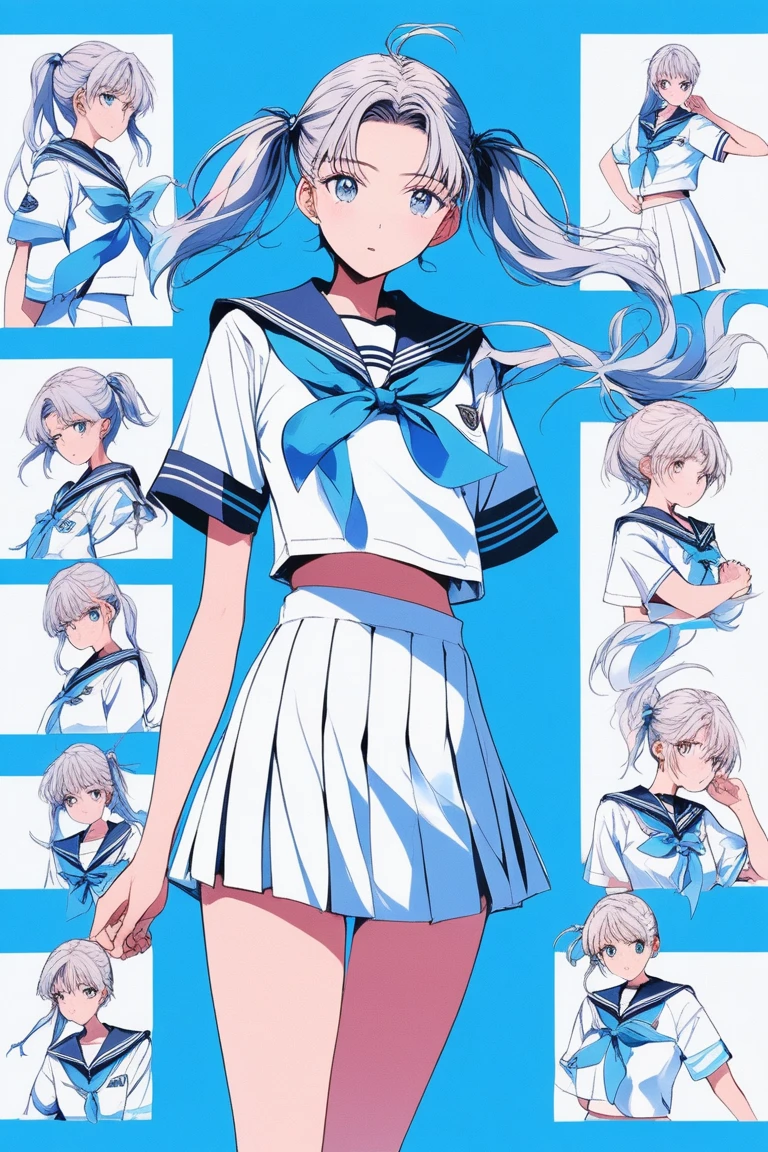 ((masterpiece,Highest quality)), 8k, anime , Realistic ,sketch, anime風のポートレート, animeの女性, 18-year-old, Blue gradient background, High school girl sailor uniform without hat, Neon ponytail hair, lip, Big Breasts, Texture Trim, Japanese, whole Body, (masterpiece,Highest quality)