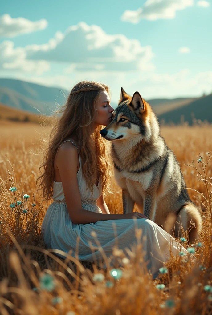 Masterpiece, realistic photography, outdoor, arafed woman sitting in a field with a wolf, wolf companion, tenderness, wolfgirl,wolves and their treasures, her friend the wolf,