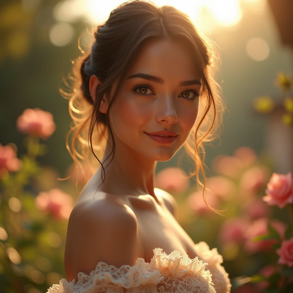 a young beautiful woman, detailed face, detailed eyes, detailed lips, long eyelashes, detailed facial features, beautiful skin, elegant dress, standing in a romantic garden, sunlight, warm color tones, cinematic lighting, highly detailed, 8k, photorealistic, masterpiece, digital art