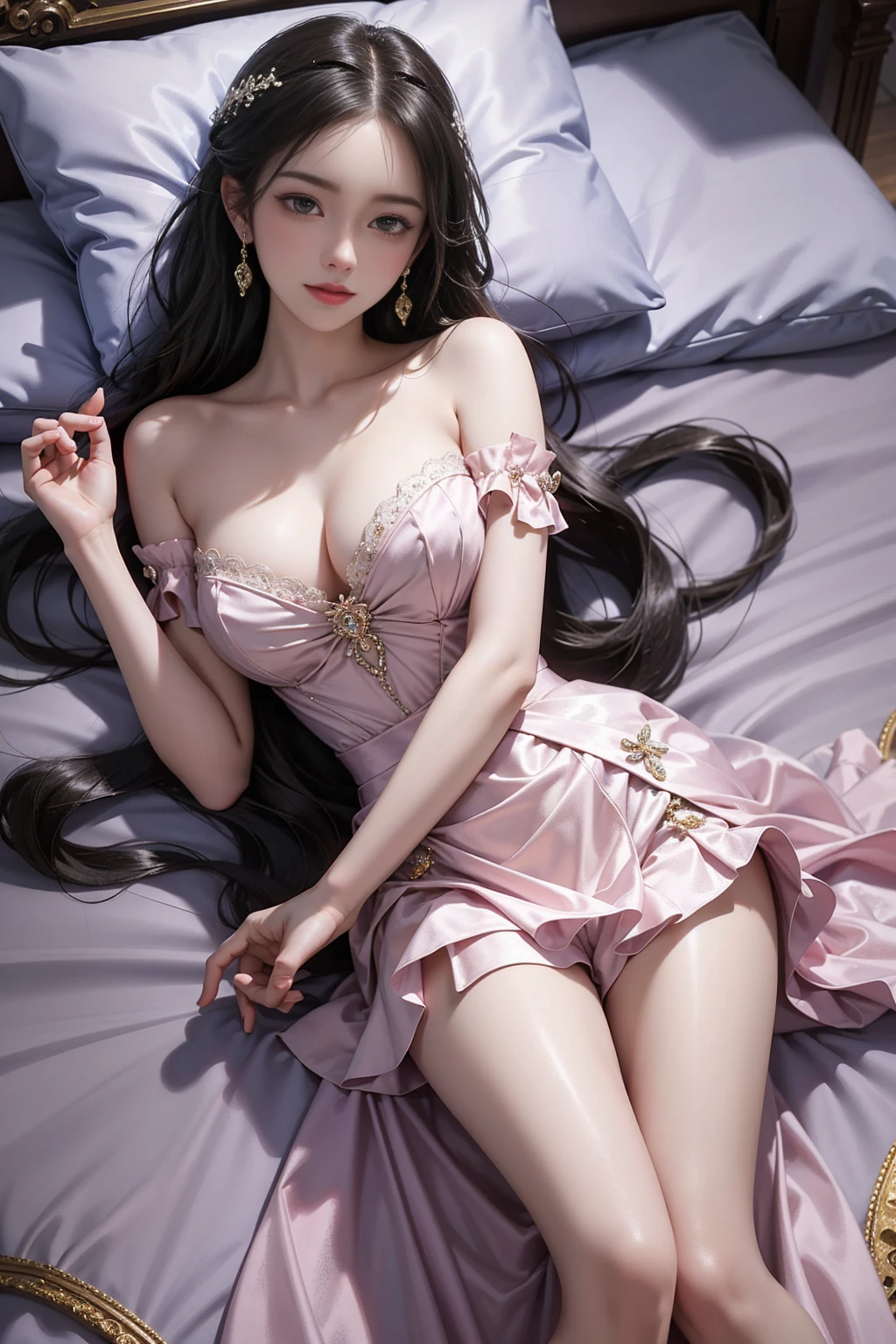 idol dress((Girl lying in bed))、A beautiful and moving woman, in an elegant pose, her full breasts on display.,Visible cleavage,The skirt is short, Sexy long legs,Variety of slim and cute beauties, Her long hair cascades down her shoulders like a waterfall。She smiles radiantly,Eyes sparkle,Her skin is flawless。Her curves are highlighted。Sparkle in the light,The colors are soft,Perhaps in shades of light pink or lavender。She lay confidently,One hand on hip,Her posture is both graceful and strong。She wears elegant high heels,Goes well with her outfit。In the warm golden sun。The overall atmosphere of the image is tranquil and uplifting,Emphasizing natural beauty and elegance, Studio Lighting,Bright colors, Sweet maiden, sweet smile, make up,shy,Blush,Parted lips,Heavy breathing,moan,Surrealism,Realism,Movie Lighting,Relief,Sony FE GM,Retina,masterpiece,precise,Anatomically correct,Textured Skin,Super Detail,High Detail,best quality,rich and colorful