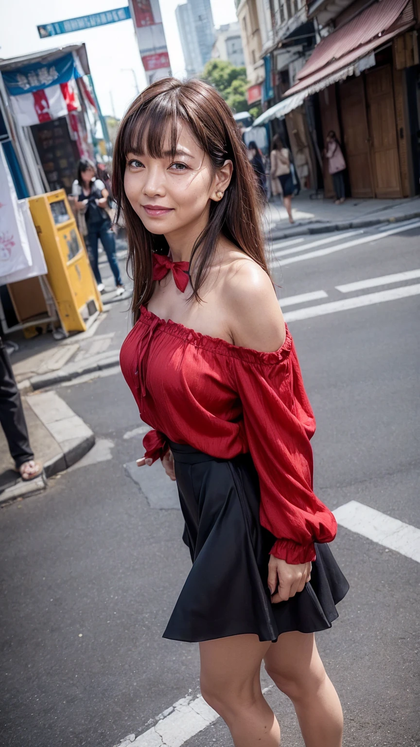 ((Highest quality)), ((8k)), ((masterpiece:1.3)), (Perfect look), (Photorealism:1.6), (JMA), (Who), (Walking woman), (people々A bustling festival grounds), (A street lined with stalls on both sides), 日本people女性, 60 years old, ((Realistic skin texture)), (Fine wrinkles appear all over the skin: 1.3), (Dullness: 1.1), (Unmoisturized skin: 1.2) , (Facial wrinkles: 0.9), (Wrinkles around the eyes: 1.2), double eyelid, Lower eyelid tear trough, (Teardrop: 0.9), The eyes are looking here, Serious gaze, (Dimples: 1.2), Red lips, Short bangs, Long Hair, Long hair with curled ends, (Hair over the ears), Laugh with the corners of your mouth turned up, Soft fabric off-the-shoulder bowtie blouse, Wide sleeves, Cuffs that fit your wrist, flare skirt, barefoot, Hair blowing in the wind, Small breasts, (whole body: 1.4), (Low - Angle: 1.4),