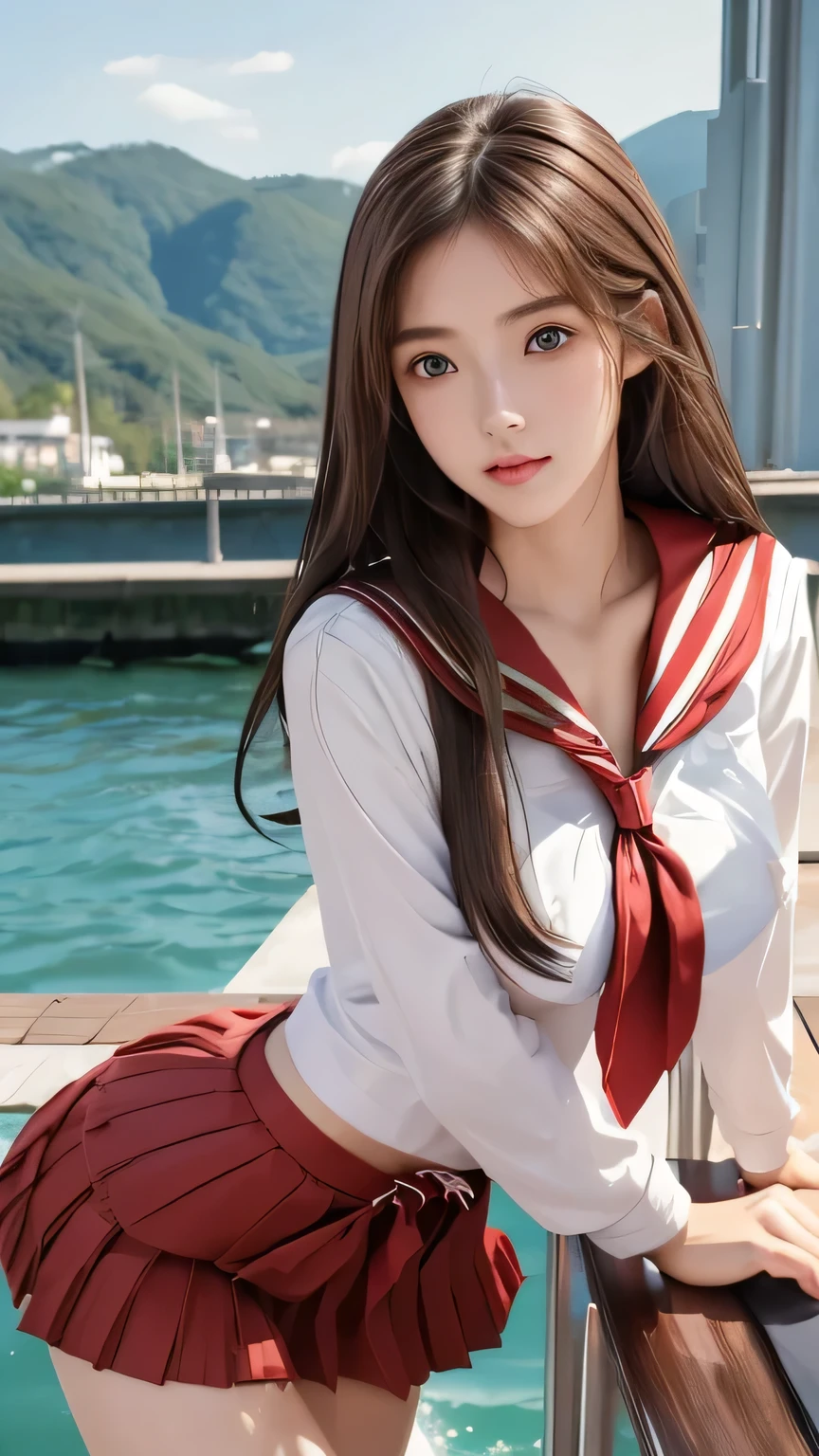 Non-NSFW、Real、(Highest quality), (masterpiece)、Ultra-high resolution、RAW Photos, (upper body), (in school:1.5), Fantasy、Looking into the camera、alone、(elemental Sylph:1.1), Beautiful Spirit、Super Beauty, (Mature:1.2), (24years-old:1.2)、Moisturized Skin、Perfect model body、Beautiful Eyes、Big eyes, (brown eyes:1.2)、Inconspicuous tear bags、slim、No bra、Beautiful fingers、Very long hair、highly saturated photos, clavicle, Splash, attractive,skinny, (sad:1.4), no_panties, (Big Boobs), (Large Breasts:1.6), Nipples, (brown hair), (Waist-length hair:1.5), Small Ass, lips, (sailor uniform with red tie:1.5),(Checked blue skirt:1.2), (pleated miniskirt :1.5),(high heels:1.1), (Several sexy poses:1.1)