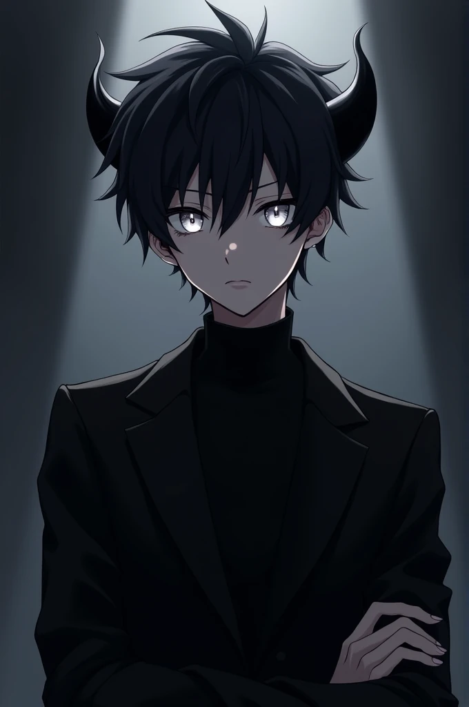 anime boy, by white, grey eyes, small black horns, black clothes, medium pale skin color, with a dark background without affecting the character&#39;s light