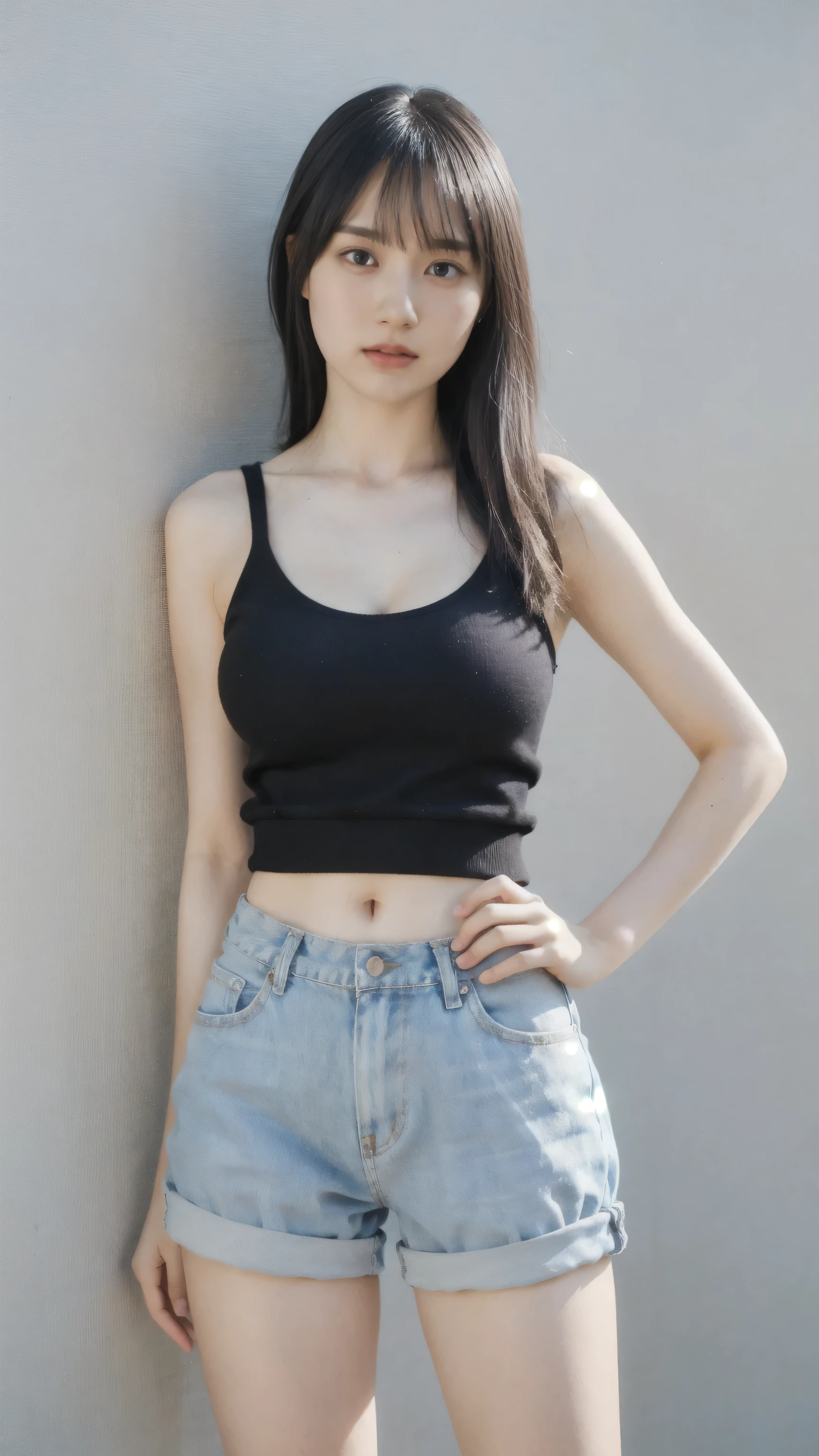 ((1girl)), woman, masterpiece, best quality, highest quality, cinematic lighting, (volumetric lighting), extremely detailed CG unity 8k wallpaper, focused, 8k wallpaper, extremely detailed, ultra realistic, photorealistic, sharp focus, absurdres, (HDR:1.2), (high contrast), photograph, detailed and intricate, instagram, portrait, highly detailed, digital painting, artstation, concept art, smooth, sharp focus, illustration, cinematic lighting, (big breast:1.3), (((skinny, slim legs))), (japanese idol posture), (knit strap tanktop, short pants, open shoulder, open chest, cleavage), looking at the viewer, (I don't see arms)), ((Standing)), ((Medium body shot, hip level shot)), long hair, ((leaning on a wall)), beautiful eyes.