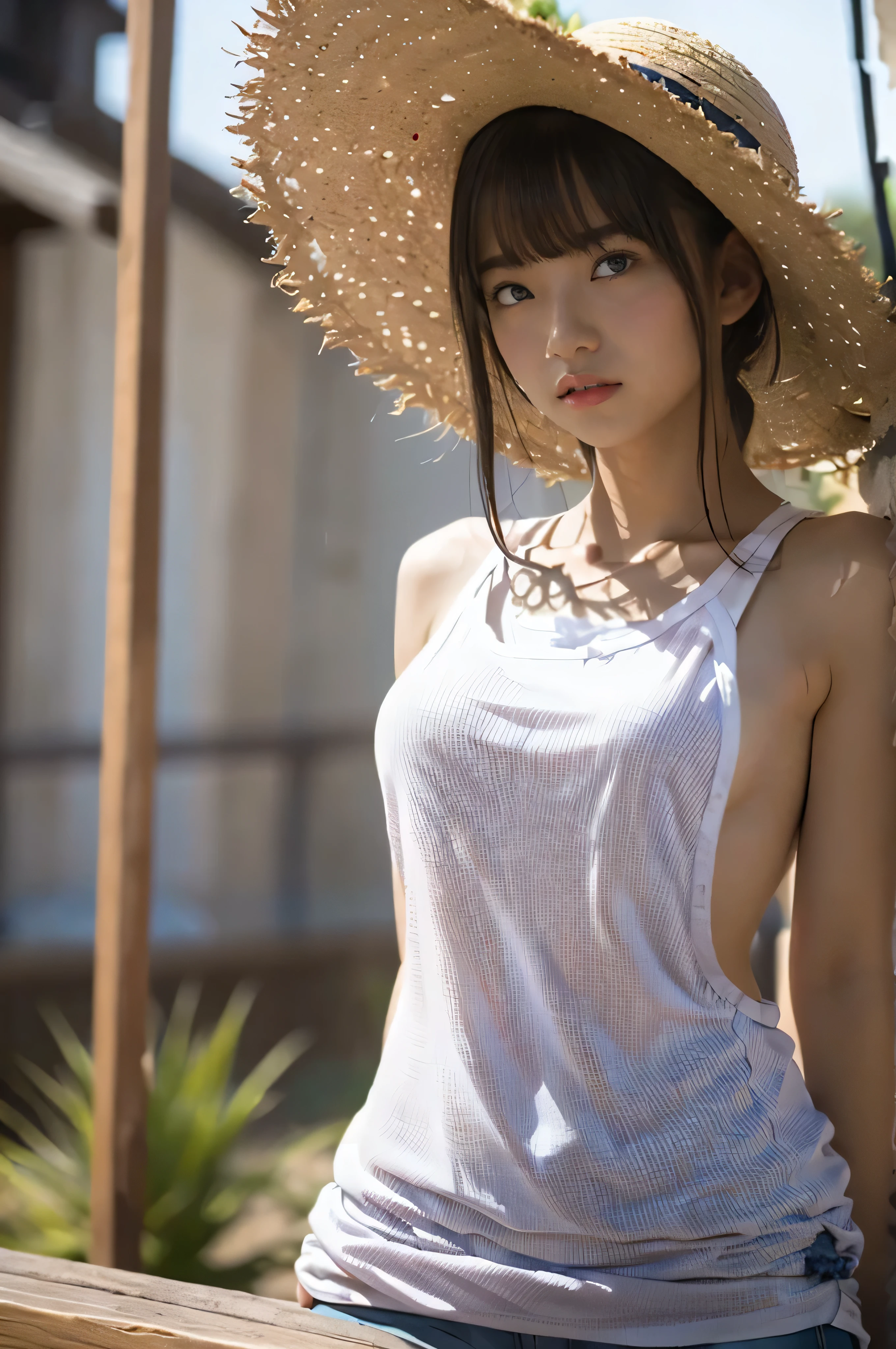 (masterpiece, Highest quality:1.2), 8k, Young and beautiful, 85mm,Official AR RAW Photos, Baby Face, Photo of a Japanese woman in white clothes (Lightweight tank top:1.4) , (Side bust), cute, Shyness, , (((Thin and sexy clothes:1.4))), I can see my belly button, Black Hair, short hair, Big straw hat, (Brown tanned skin:1.4), swimtan, Looking at the audience, realism, Video Effects, Volume measurement Lighting, Volume measurement Light, Volume measurement, Midsummer, blue sky, cumulonimbus, Advanced Details, Detailed and complex, Intricate details, high Intricate details, More information, Confused, High resolution, Medium Shot, Single Shot, Shallow focus, lips, Mid-chest, 