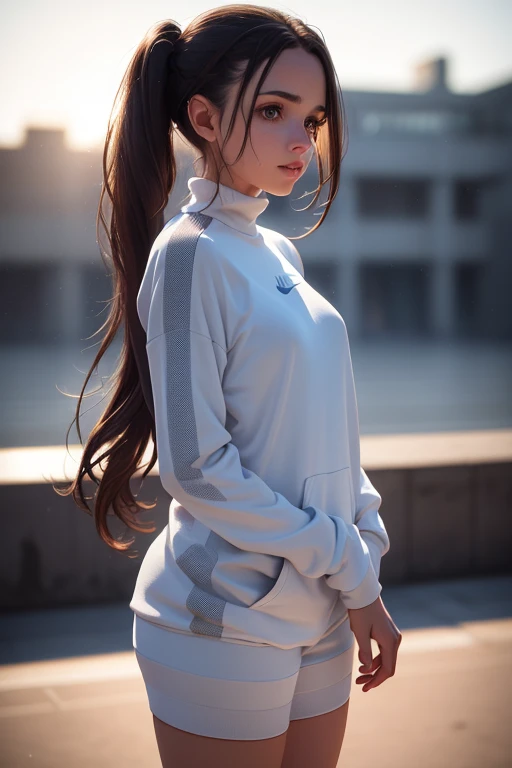 1 girl, beautiful young woman, long dark hair, twin ponytails, light gray sweatsuit, wearing Nike sneakers, standing on the university sports court, looking at the viewer, sweet expression, athletics court, (best quality,4k,8k,highres,masterpiece:1.2),ultra-detailed,(realistic,photorealistic,photo-realistic:1.37),perfect anatomy,precise,hyper-realistic,intricate details,vivid colors,cinematic lighting,volumetric lighting,depth of field,photorealistic rendering