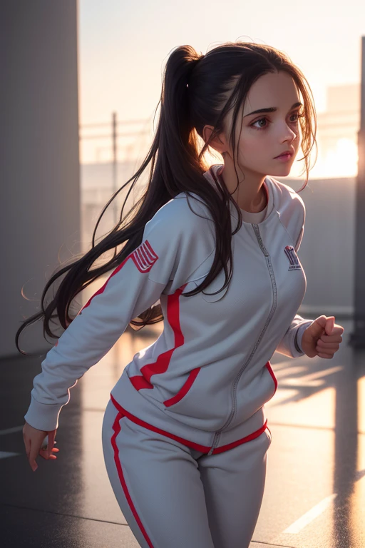 1 girl, beautiful young woman, long dark hair, twin ponytails, light gray sweatsuit, wearing Nike sneakers, standing on the university sports court, looking at the viewer, sweet expression, athletics court, (best quality,4k,8k,highres,masterpiece:1.2),ultra-detailed,(realistic,photorealistic,photo-realistic:1.37),perfect anatomy,precise,hyper-realistic,intricate details,vivid colors,cinematic lighting,volumetric lighting,depth of field,photorealistic rendering
