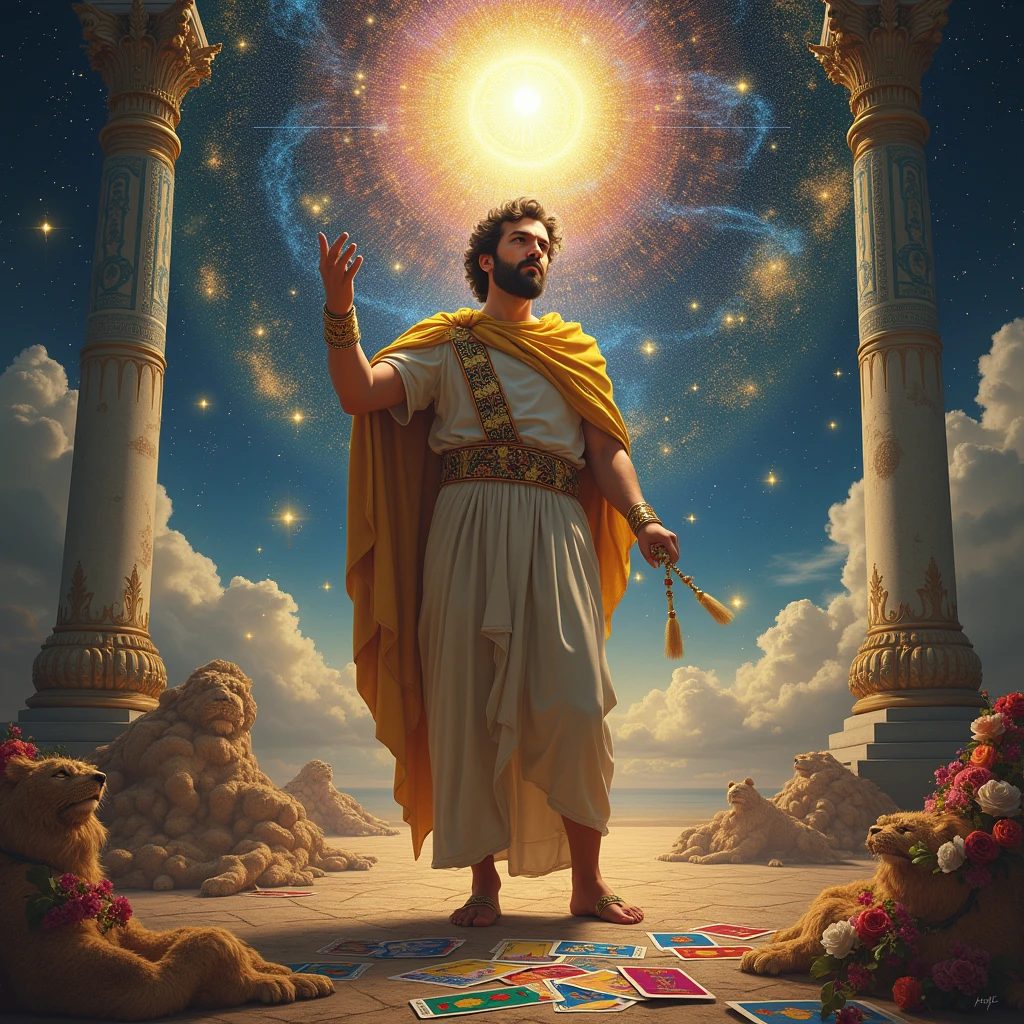((masterpiece)), ((Highest quality)), ((High resolution)), ((Highly detailed CG Unity 8k wallpaper)), Roman Emperor Constantine１The Great Emperor、Fluffy hair、Bright and sharp eyes、eyes like a lion、Leisurely Actions、Calm and Composed Expression、Aura of Majesty、neck as thick as a bull、Eagles and Hawks Are Fond of Him、Tarot Cards、Oracle Cards、『world』、In the Style of William Blake、Gustave Moreau's Painting Style、Ancient and Modern、輝く未来とhope、The Universe、Dazzling Light at the Galactic Center、Sagittarius Galactic Center、Flood of light、The colorful sparkle of gemstones、Lu Li Guangcai、Play-of-color effects、Paradise、Eden、Heavenly Jerusalem、Nostalgia、hope、永遠のhappiness、Genesis、Revelation、Alpha and omega、Healing、Longing and fulfillment、Everything is for the best、bless、Heavenly Purification、Bliss of All Things、happiness、Eternal Life、completely、perfection、Forgiveness、occultism、Symbolism、Primordial Happiness、peace of mind、reproduction、revival、魂のHealing、God's Plan、天使のbless、peace、joy、lotus、lily、Rose、Money、黄Money、The Edge of the Universe、The magnificent light of celestial bodies、Fantasy、like、Beauty、Digital Art、kind、慈like、mercy、wisdom、vitality、 Tree of Life、Tanaha、Christian Bible、revelation、Eternal happiness、万物への平和とhappinessと保護を祈る、大切で貴重なpeaceと元気と賢さ、pure land、Mandala
