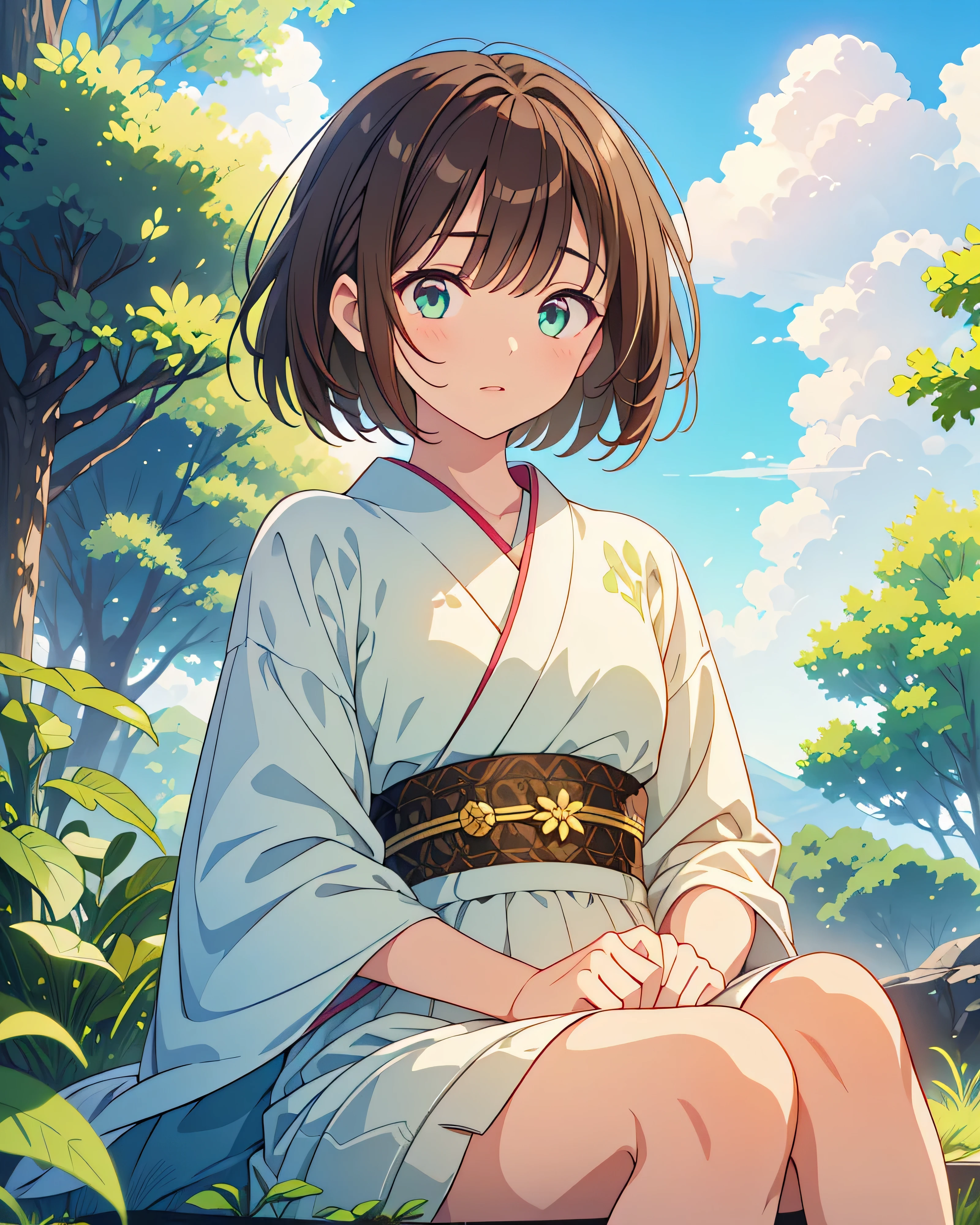 Highest quality, 32K, High resolution, Masterpiece:1.5, Beautiful Japanese Girl, Small Face Beauty, An exceptionally beautiful face, Perfect Human Anatomy, Magical big eyes, Rich emotional expression, Distant Gaze, ((Shiny brown hair:1.1)), ((short hair)), Asymmetrical bangs, Hair between the eyes, Transparent, soft white skin, Sharp eyebrows, Thin lashes, Natural Makeup, Cheek highlighter, Pale pink detailed lips, Green vegetation, A girl sitting next to a tree., Casual Fashion, Beautiful details of light, Beautiful detailed shadows, ((Beautifully detailed clouds))