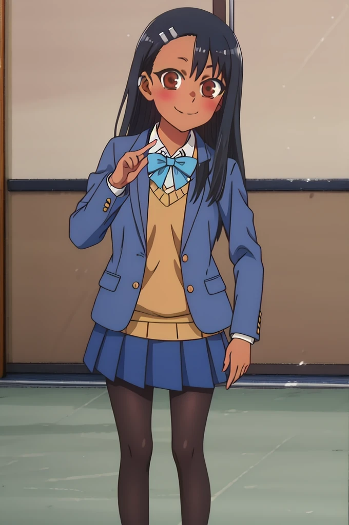masterpiece, best quality, highres, looking at viewer, nagatoro hayase, hair ornament, brown eyes, hairclip ,(( dark skin:1.3 )) , black hair,
hair ornament, hair ribbon, brown eyes, red bowtie, blue jacket, blazer, long sleeves, plaid skirt, brown skirt, pantyhose, peace sign, amusement park, smile, standing,