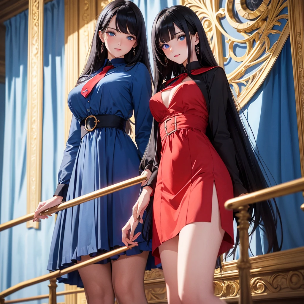 absurderes, ultra-detailliert,bright colour,(in 8K:1.3),masuter piece,extremely beautiful detailed face and eye, 25 years old,(Smooth straight black hair), (Shiny long hair),(Pattsun bangs), (Deep blue eyes) Delicate beautiful face, red blush, (Wearing blue dress with bright red necktie and bright red stockings)Nice Spot, standing, blue curtain background.