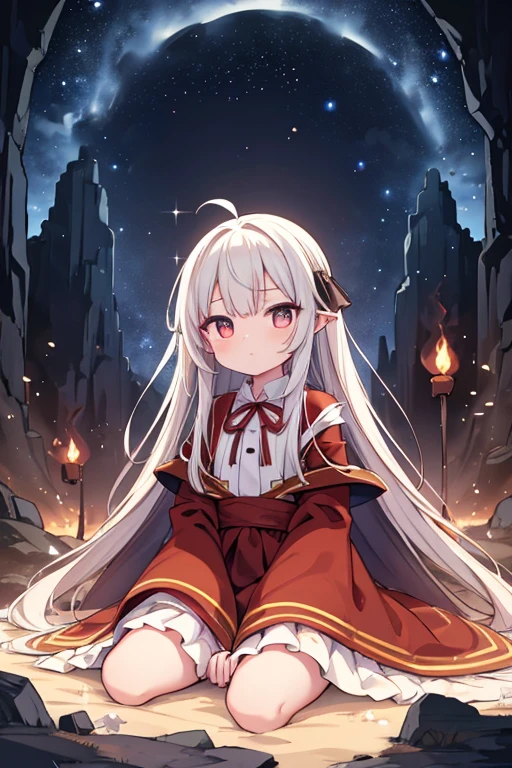 (Highest quality, masterpiece), (One person, alone,Brown robes, expression, avert your eyes, Sitting, Wide sleeves, Iris, Mouth closed, Ribbon-shaped fire on head, Long Hair, Cowboy Shot), (Monochrome, Night sky at the cave entrance , Light rising from below, Inside the cave, A bunch of glowing white particles floating, Burning fire at hand, Many small fires are floating),