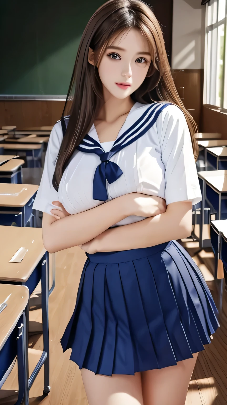 Non-NSFW、Real、(Highest quality), (masterpiece)、Ultra-high resolution、RAW Photos, (upper body), (in classroom:1.5), Fantasy、Looking into the camera、alone、(elemental Sylph:1.1), Beautiful Spirit、Super Beauty, (Mature:1.2), (24years-old:1.2)、Moisturized Skin、Perfect model body、Beautiful Eyes、Big eyes, (brown eyes:1.2)、Inconspicuous tear bags、slim、No bra、Beautiful fingers、Very long hair、highly saturated photos, clavicle, Splash, attractive,skinny, (sad:1.4), no_panties, (Large Breasts:1.6), Nipples, (brown hair), (Waist-length hair:1.5), Small Ass, lips, (sailor uniform:1.5),(Checked blue skirt:1.2),(red tie:1.2), (pleated miniskirt :1.5),(high heels:1.1), (Several sexy poses:1.1)