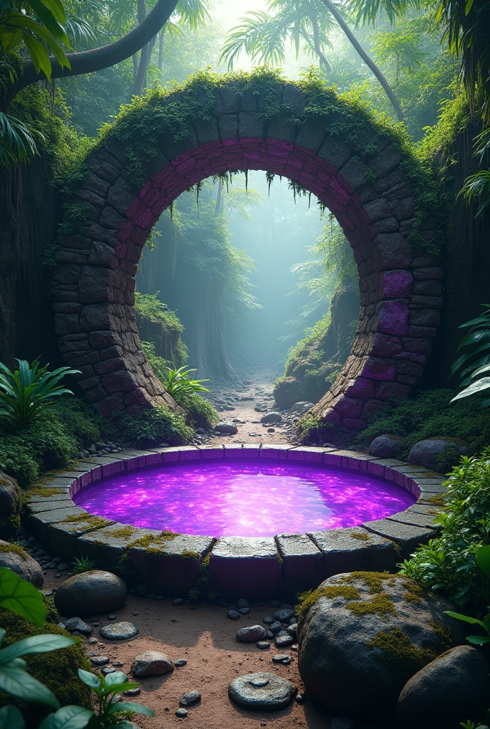 ((JUNGLE ENVIRONMENT)), Circular portal with purple water as transport middle, round stone array border that surrounds purple liquid water, portal at vertical stance only, three-fourths angle view from viewer 